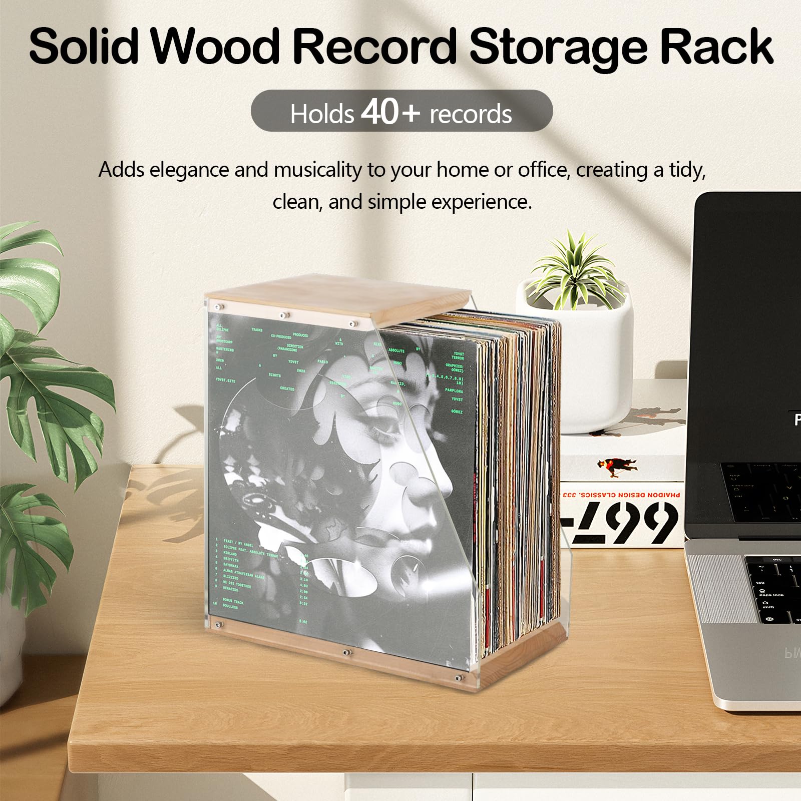 Schallplattenständer, 33,4 x 20 x 35 cm Vinyl-Schallplattenhalter aus Acryl und Massivholz Transparent Aufbewahrungsbox für Schallplatten mit Offenes Design für Vinyl-Enthusiasten und Musikliebhaber