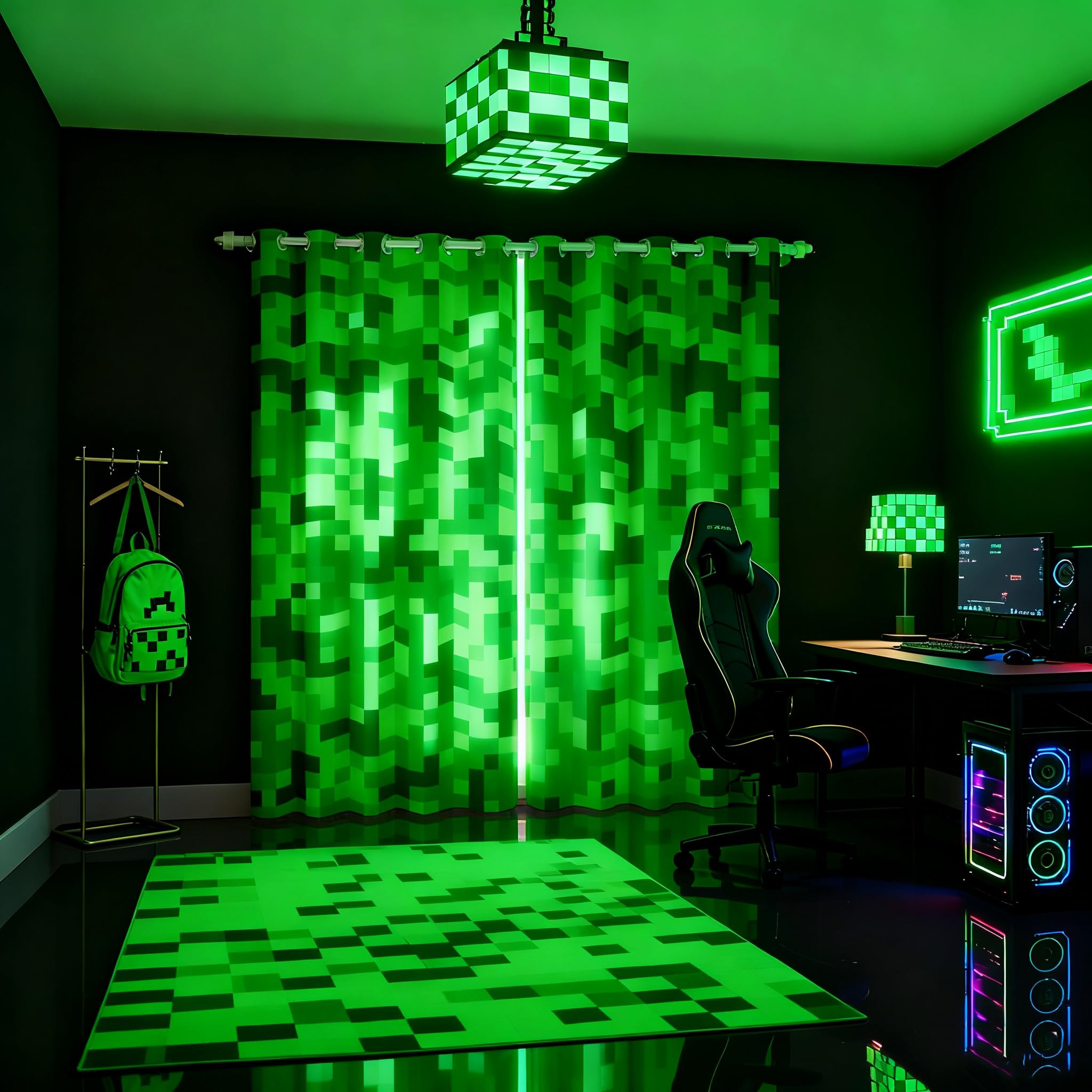 Castle Fairy Green Pixelated Miner Curtains for Kids Boys Bedoroom Decor,Video Games Window Curtain,Cartoon Gamepad Window Treatment Curtain Modern