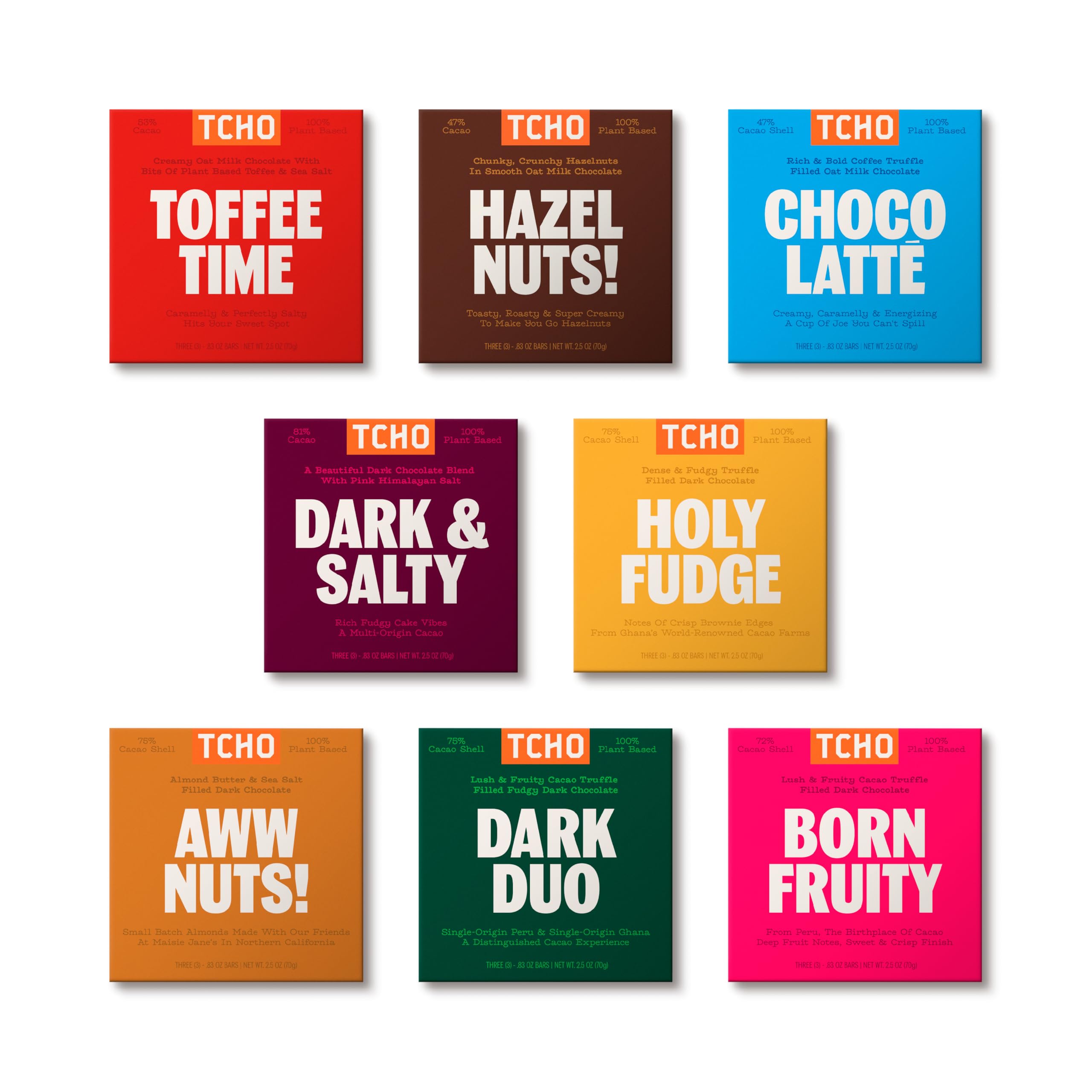 TCHO 100% Plant-Based Dark & Milk Chocolate Variety Pack - Gourmet Assortment with Toffee Time, Choco Latte, Dark & Salty, & More - Vegan No Artificial Sweeteners Chocolate Gift - 8 Count