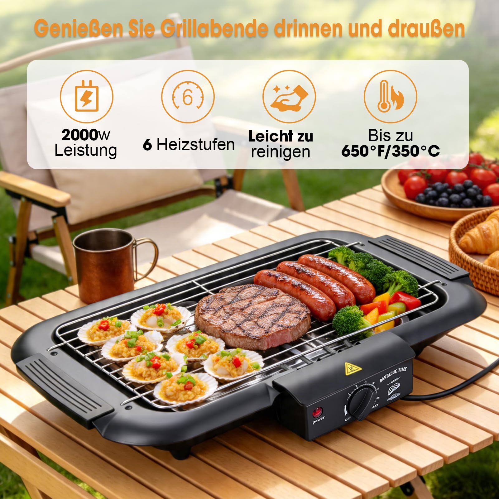 Tischgrill Elektrisch 2000 W,lektrogrill Antihaftbeschichtete Grillplatte, für Drinnen Draußen,mit 6 Temperaturstufen, Abnehmbarem Grillrost und Fettauffangschale für Grillpartys Camping,36 × 22 cm