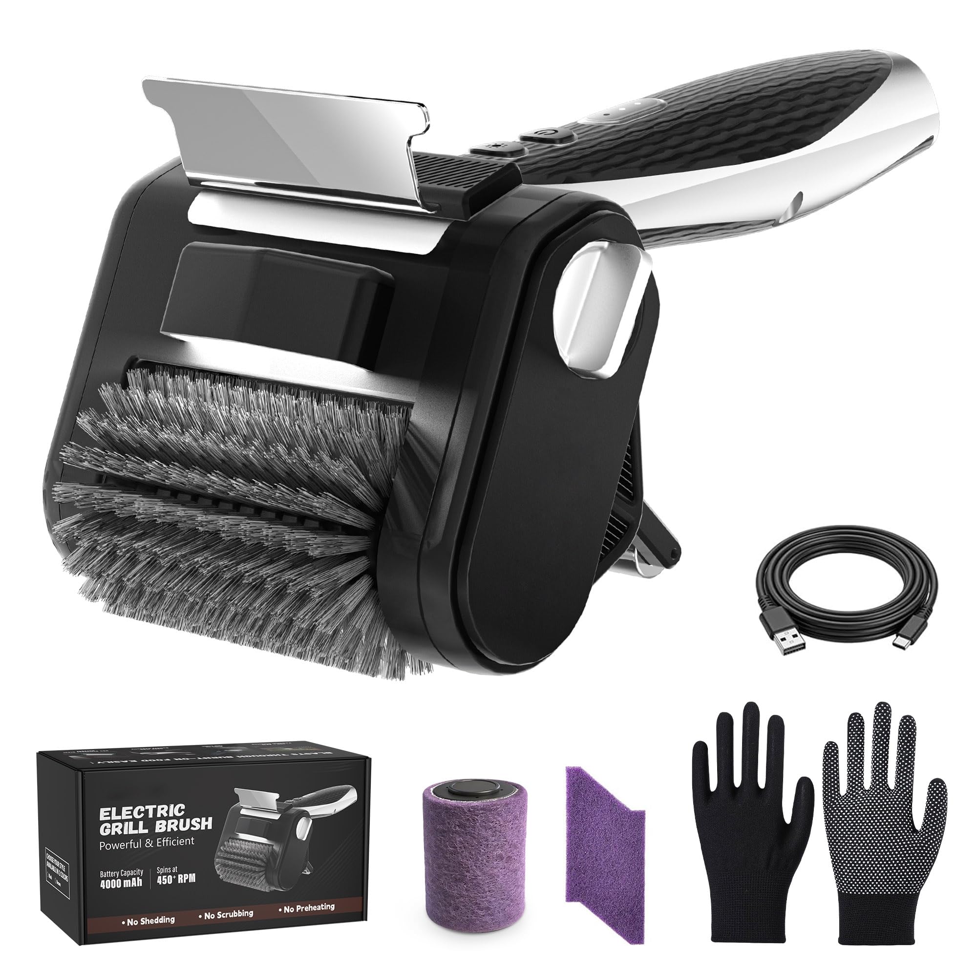 Electric Grill Brush with LED Light, Efficient Grill Cleaning Brush with 350 RPM Stainless Power Roller, Grill Brush Bristle Free Blasts Away Burnt-On Food for Gas/Charbroil Grates (Black)