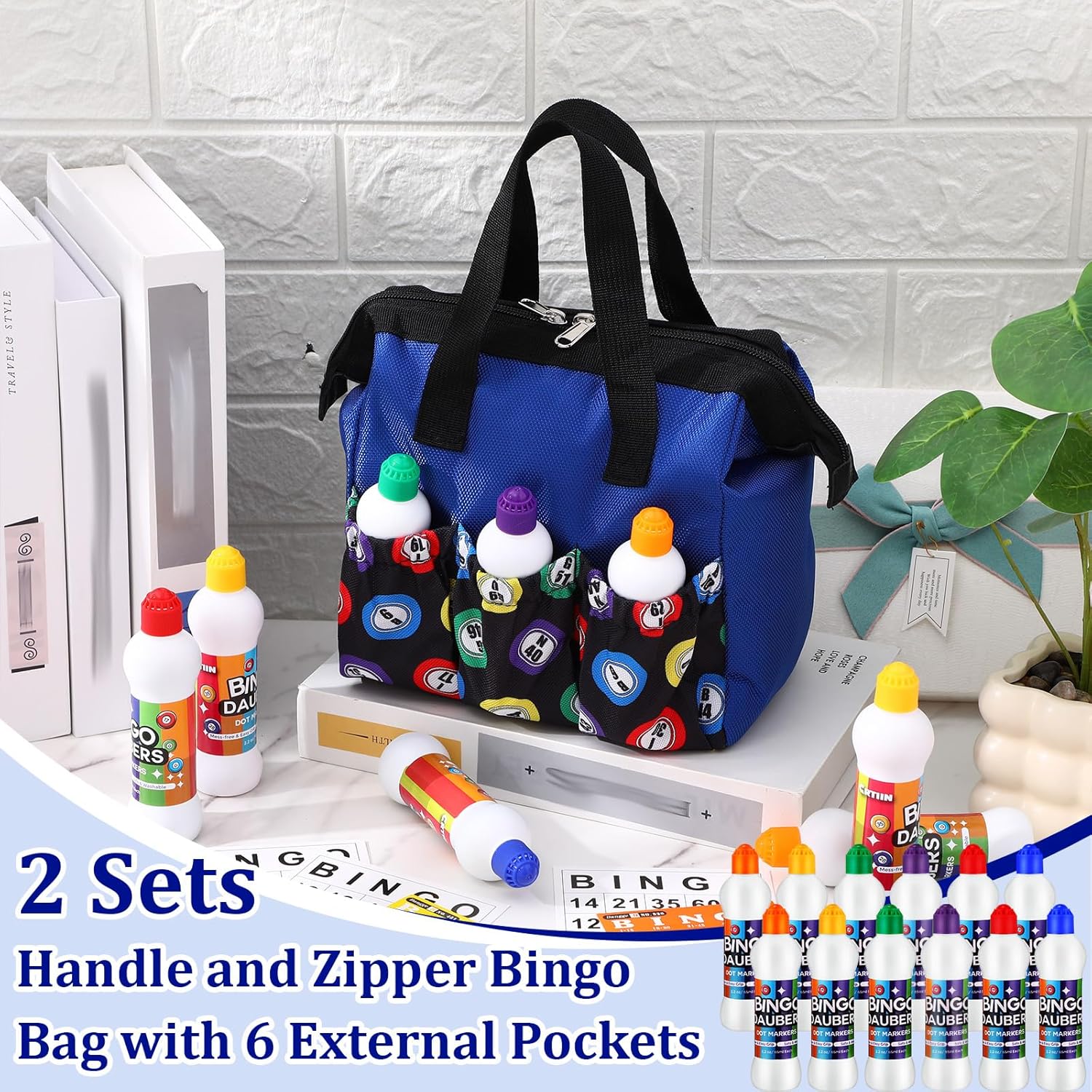 Crtiin 2 Set Bingo Dauber Bag with 12 Pcs Daubers Mixed Colors Set of Dot Markers in 6 Colors Handle and Zipper Tote Bag with 6 External Pockets Suitable for Bingo Night (2.2 oz,Blue, Purple)