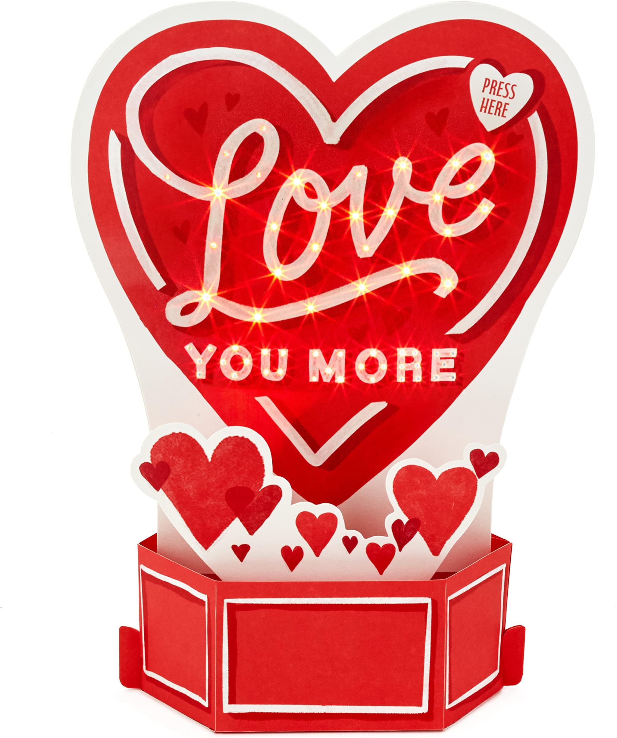 Valentines Day Card, 3D & Pop Up Love Heart Design, Musical, Light Up, Red