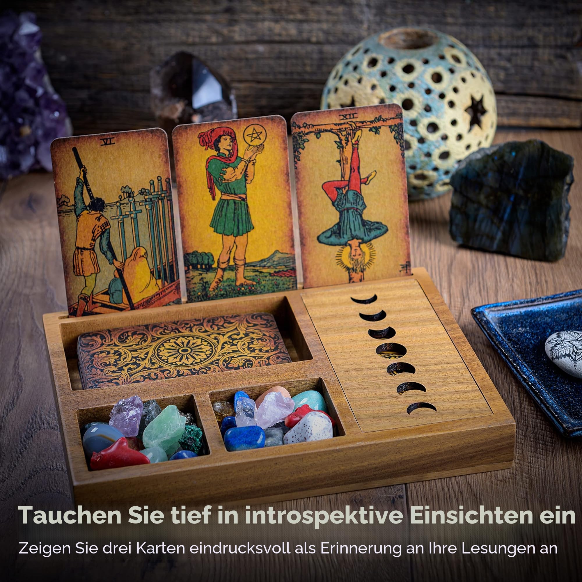 Tarotkartenhalter Box für immersive Lesungen – 3 Tarotkartenständer & Kristallhalter – Mondphasen-Design Tarot-Display Deck Halter & Kristalltablett – Hexerei-Dekor – Wiccan Altar Supplies