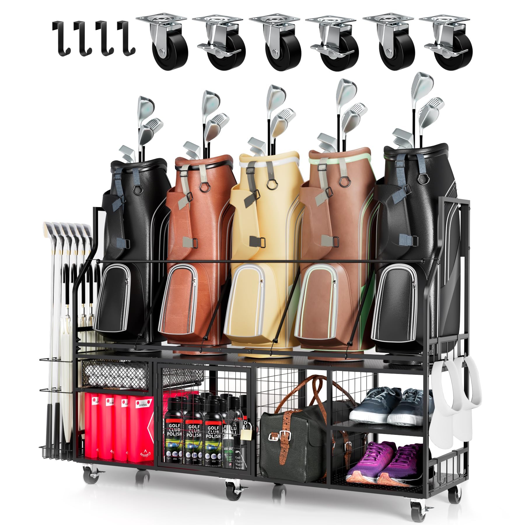 Golftaschen-Regal Extra Groß für Garage – 2-Fach Golfschläger & Bag Halter Ständer mit Zubehörregalen, Stabiler Metallorganizer für Golfausrüstung, Outdoor-Spielzeug & Hobbyzubehör