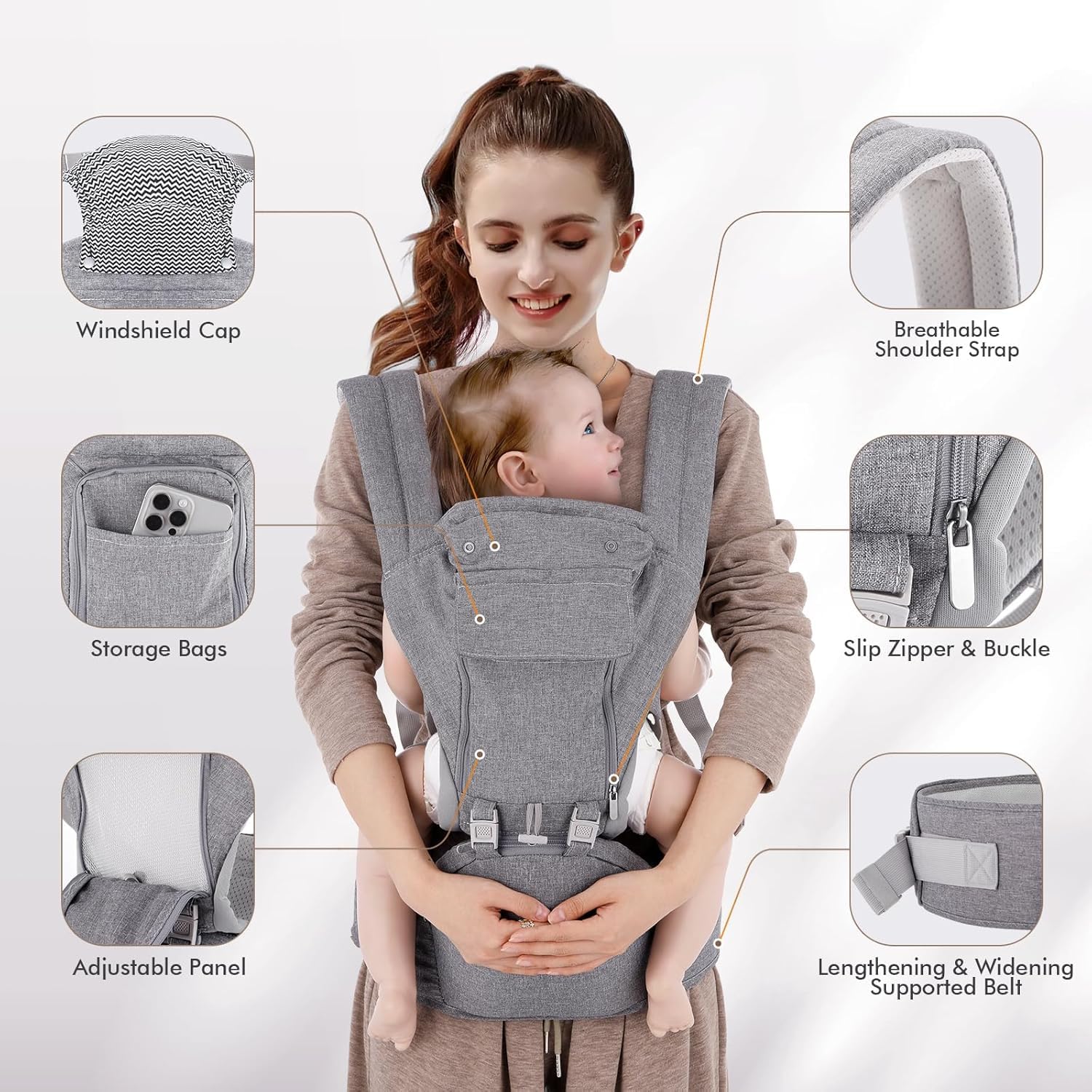 Fascia Neonato, 9-in-1 Regolabile Marsupio Neonati Ergonomico, Confortevole e Leggero, Sedile con Supporto Lombare, Marsupio Bambino da 0-36 Mesi, Ideale per Genitori a Mani Libere, Grigio