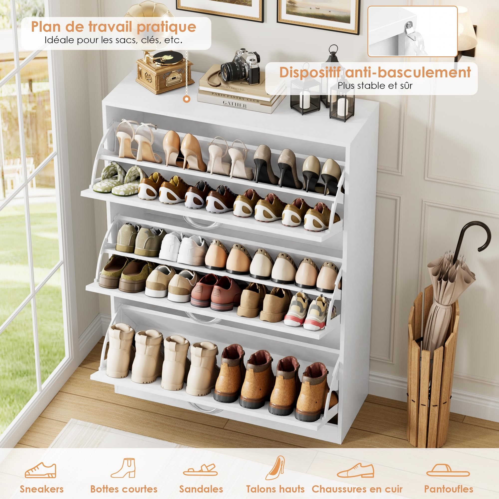 FirFurd 108cm Meuble Chaussure Entree avec 3 tiroirs Rabattables Blanc