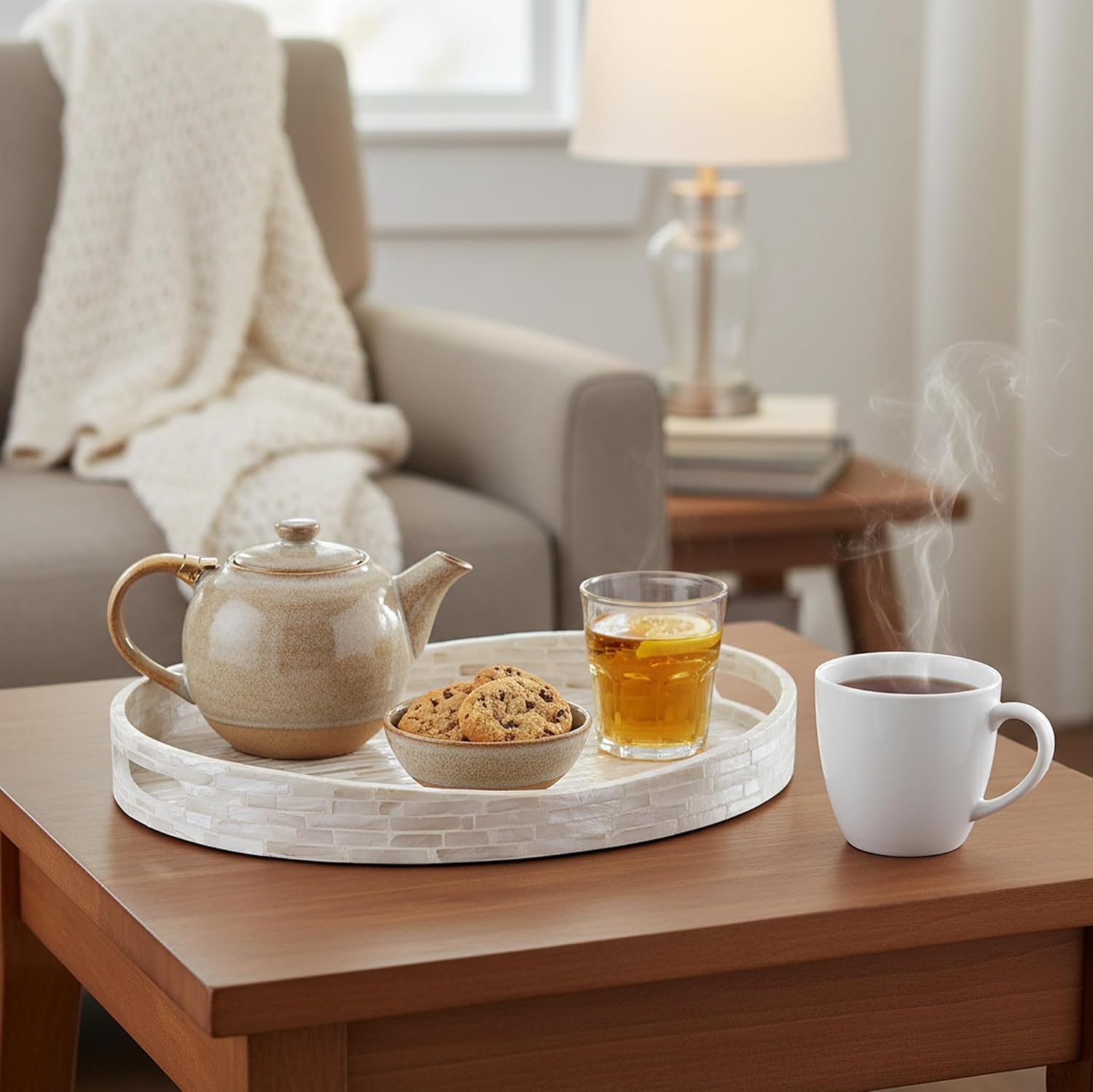 PEMAR 15.7"x11.8" Oval Mother of Pearl Serving Tray, Decorative Ottoman Tray for Living Room, Coffee Table, Breakfast in Bed, Candle Display (White Cream) - Image 5