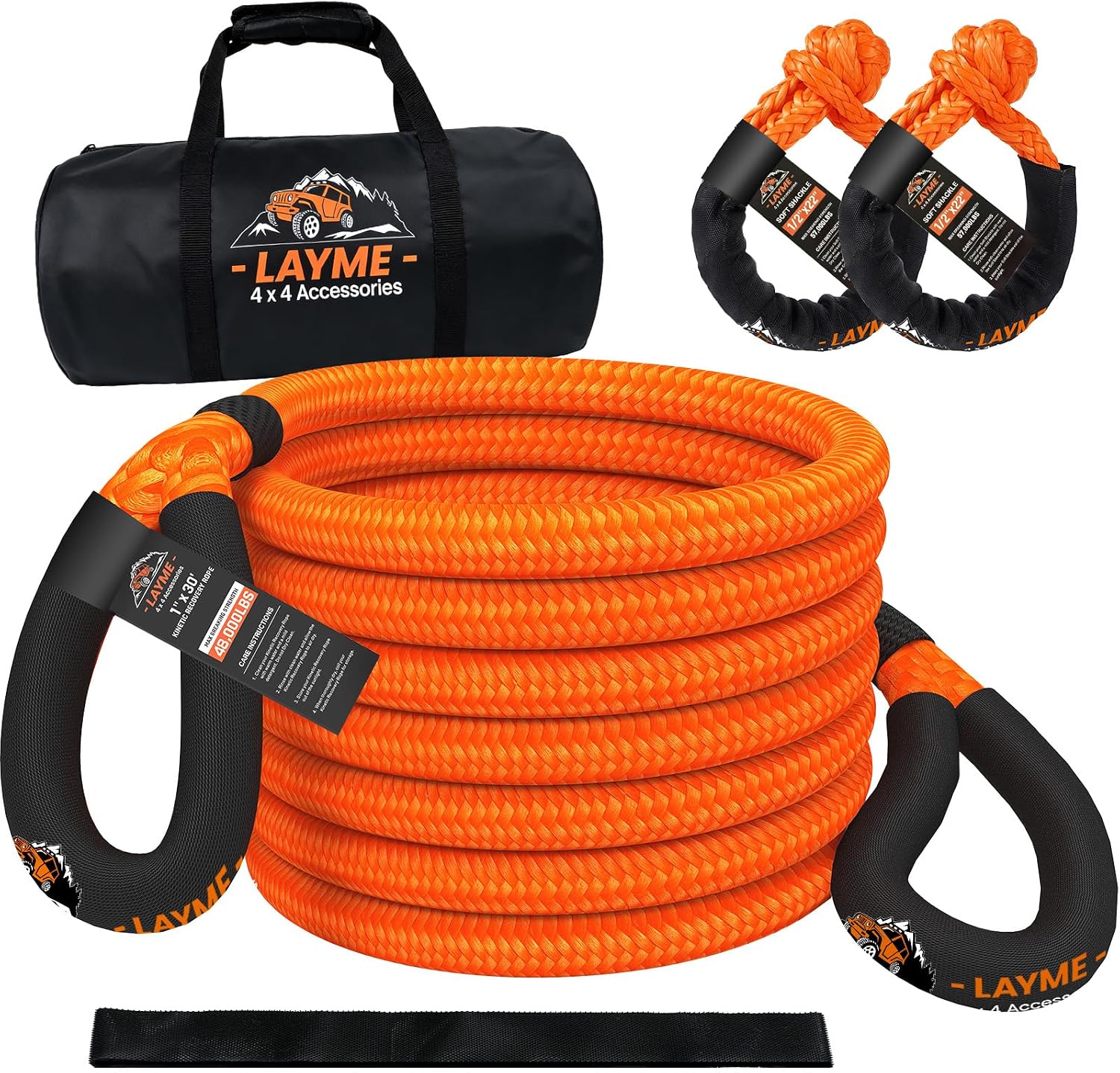Kinetic Recovery Rope 7/8'' x 20FT - 37,000 lbs Breaking Strength - Snatch Strap for Off-Road Recovery of Truck, SUV - Kit Includes 2 UHMWPE Soft Shackles & Storage Bag (Orange)
