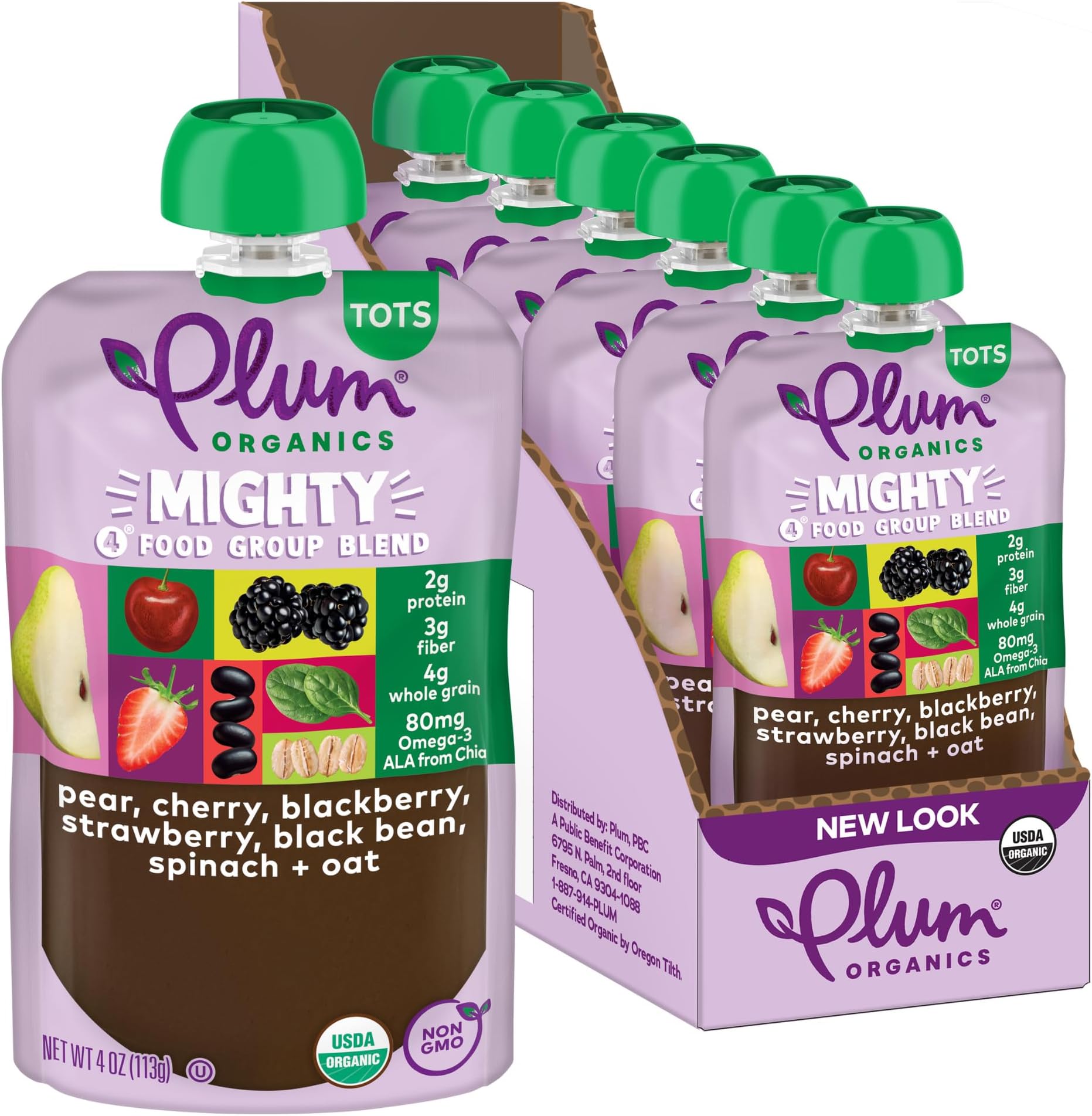 Plum Organics Mighty 4 Organic Toddler Food - Pear, Black Bean, Cherry, Blackberry, Strawberry, Oat, and Spinach - 4 oz Pouch (Pack of 6) - Organic Fruit and Vegetable Toddler Food Pouch