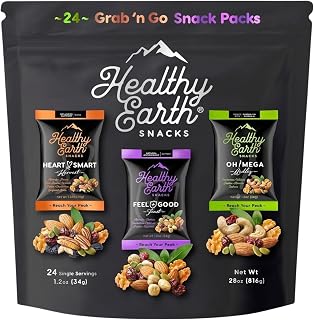 Healthy Earth Snacks Variety Pack: 24 Gluten-Free Nut & Dried Fruit Packs - Heart Smart Harvest, Feel Good Feast, Oh Mega Medley