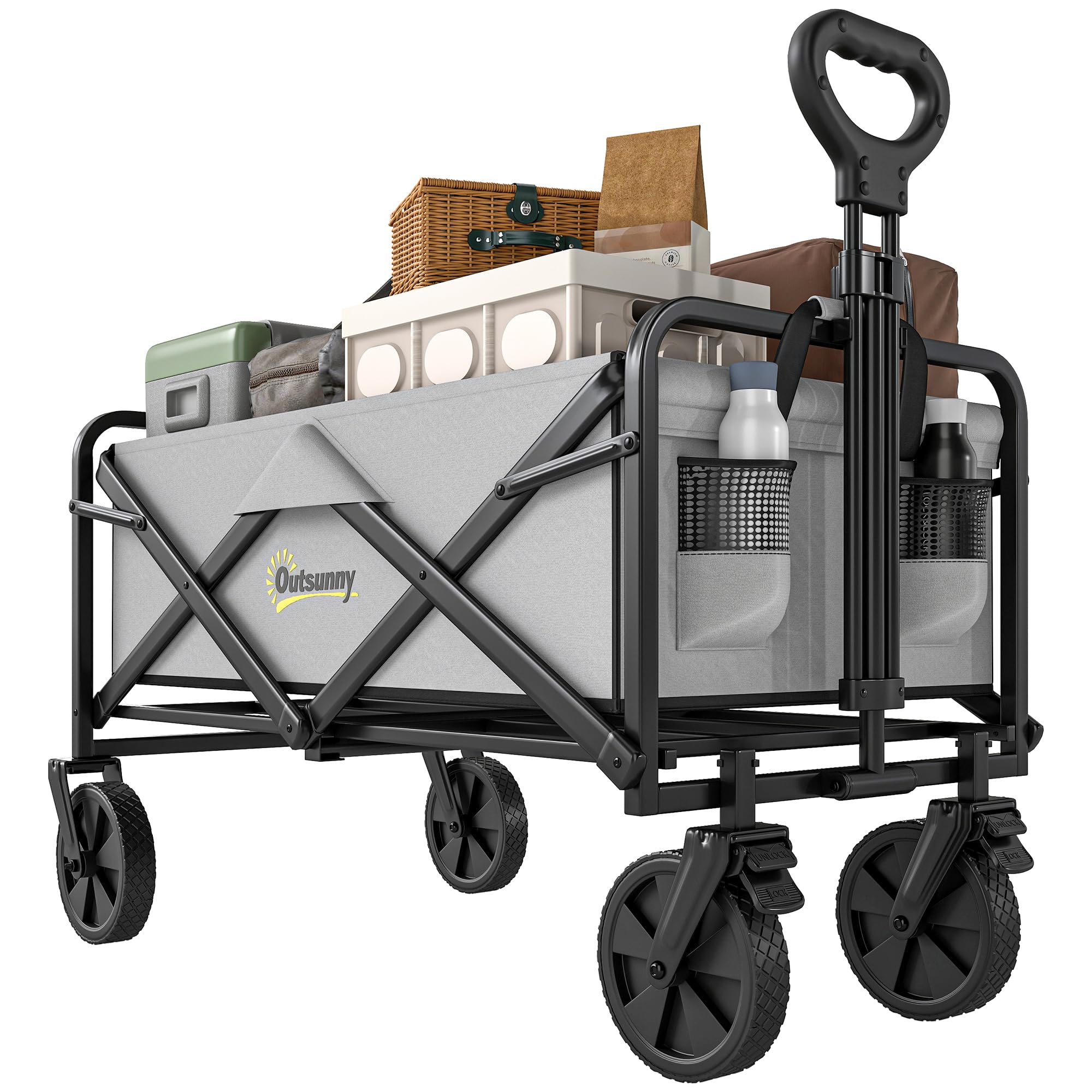 Outsunny Chariot de Camping Pliable à roulettes avec poignée réglable, Portable pour extérieur, Jardin, Shopping, pêche, 90 l, Gris foncé