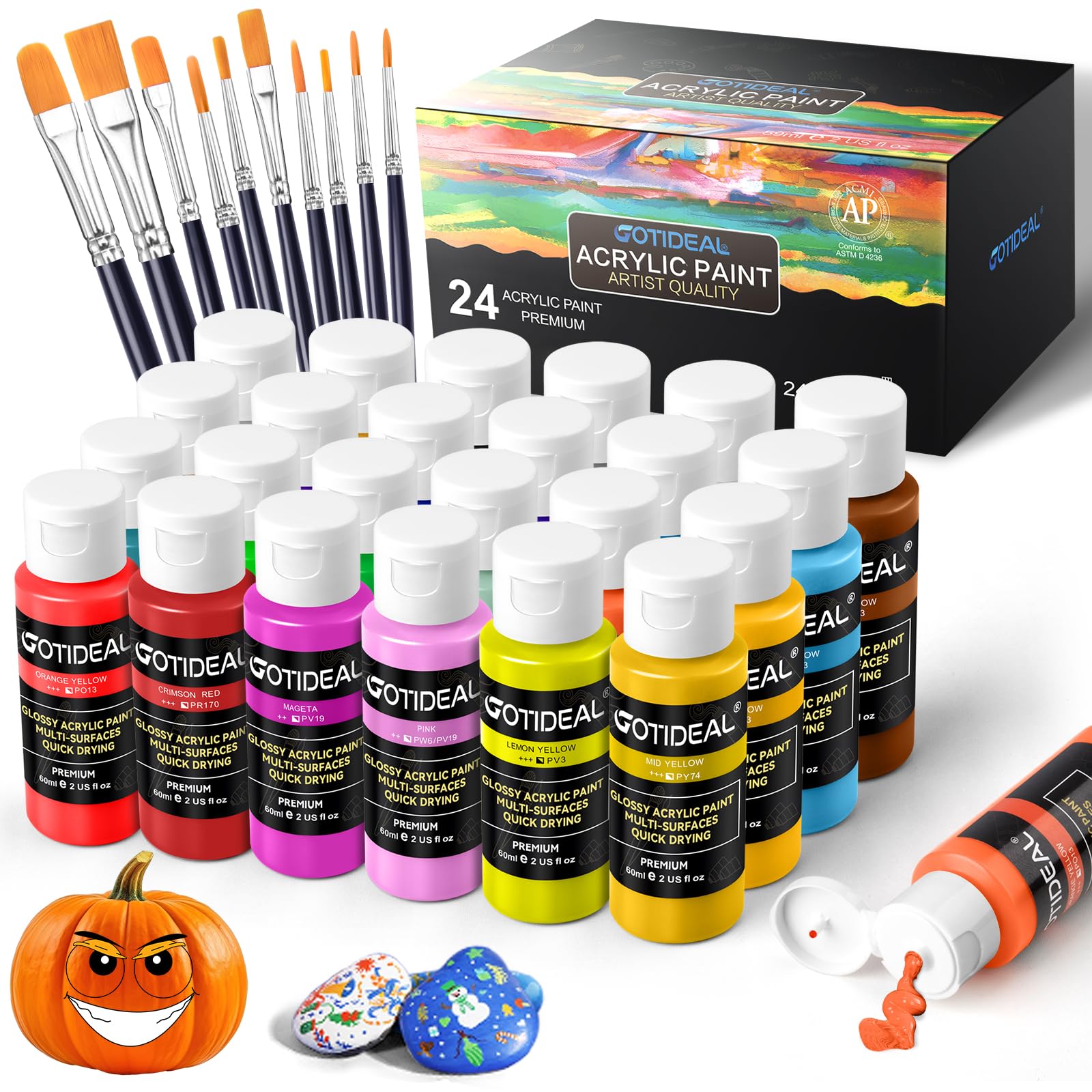 Sponsored Ad - GOTIDEAL Acrylic Paint Set with Paint Brushes, 24 Colors(59ml, 2 oz) Art Craft Paint for Adults and Kids, Perfect for Artist, Beginner, Ideal for Wood, Canvas, Rocks, Outdoor Painting Supplies