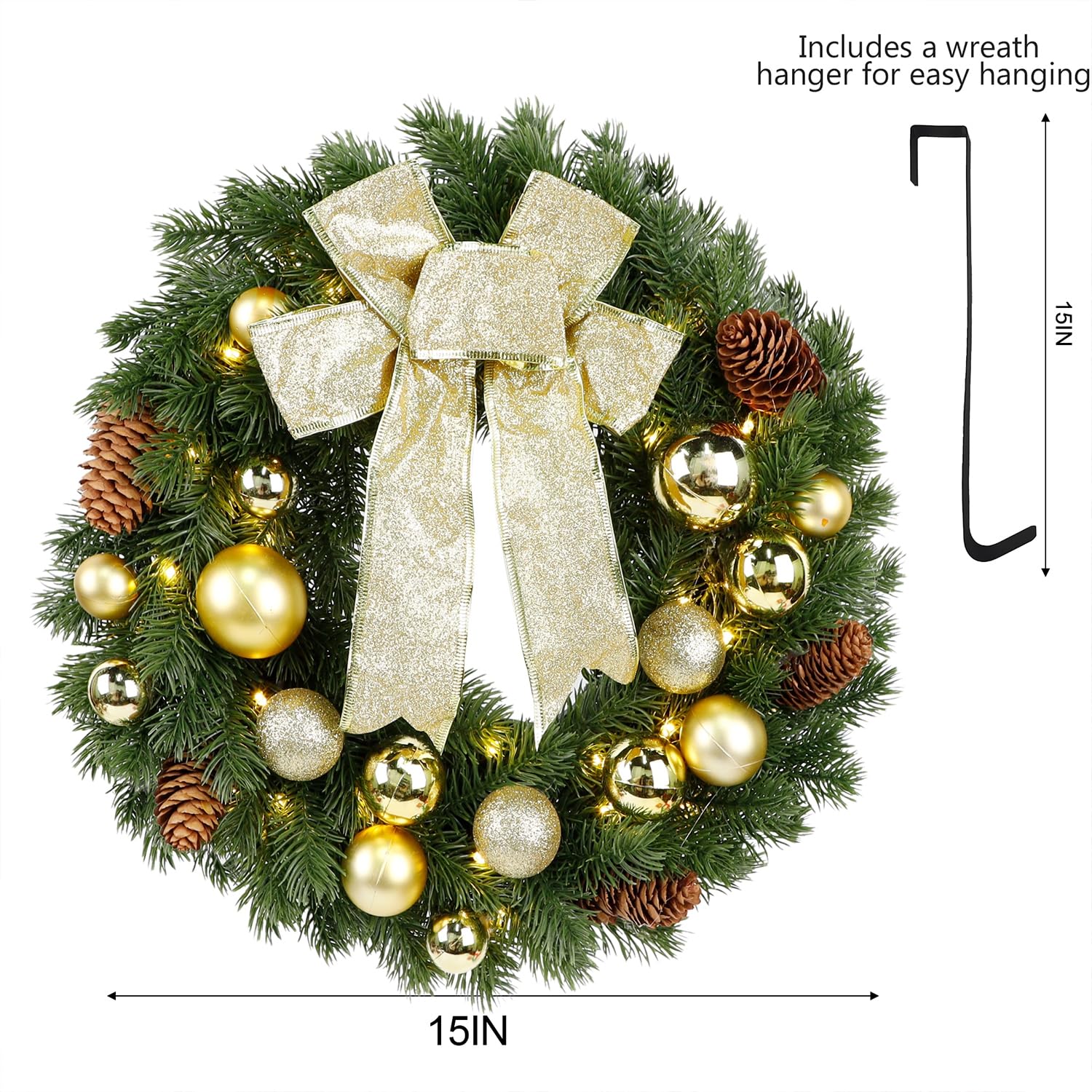 Hausse Couronne de Noël Lumineuse de 38,1 cm avec Crochet en métal, Couronne de Noël pré-éclairée avec nœud et Boules dorées, 8 Modes et minuterie, Fonctionne à Piles avec 40 lumières, pour Porte