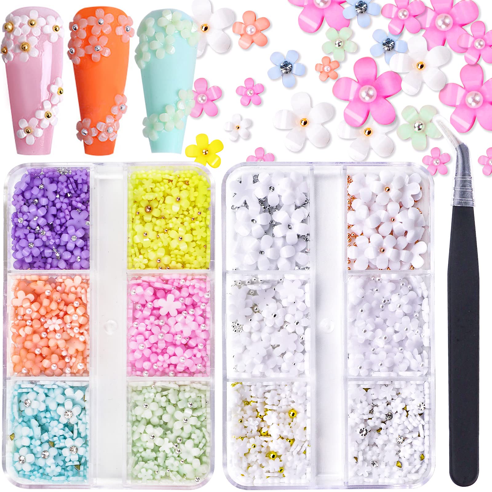 3D Flower Nail Charms, 2 Boxes Flower Nail Art Charms for Nails, 7 Colors Flowers Nail Gems with Gold Silver Pearl Beads, Blossom Spring Acrylic Nail Supplies for DIY Decorations