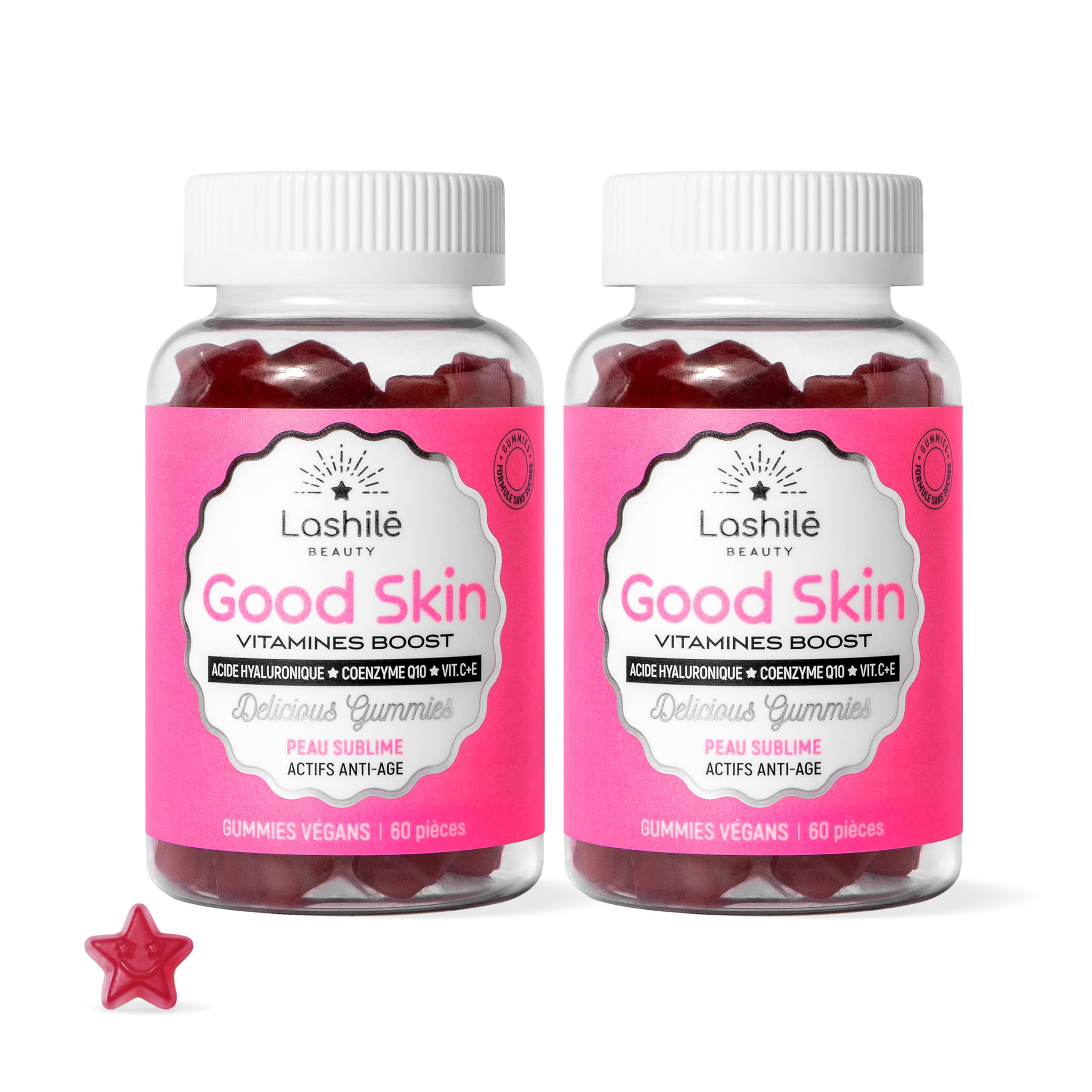 Lashilé Beauty - Complementos Alimenticios - Antiedad global, firmeza y luminosidad de la piel - Good Skin Vitamines - Ácido hialurónico, Q10, Vitaminas C y E - Fabricado en Francia - 120 Gummies