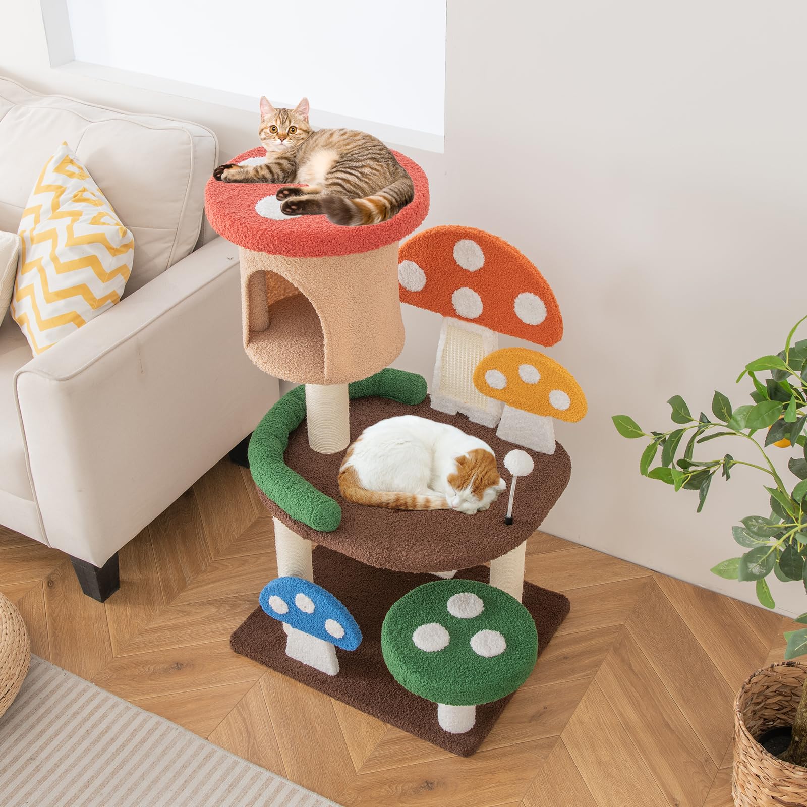 COSTWAY Albero per Gatti a Fungo 4-in-1, Torre Multi-Livello per Gatti con Condo, Piattaforma e Palla a Molla, Centro Attività per Gattini con Pali in Sisal e Tiragraffi