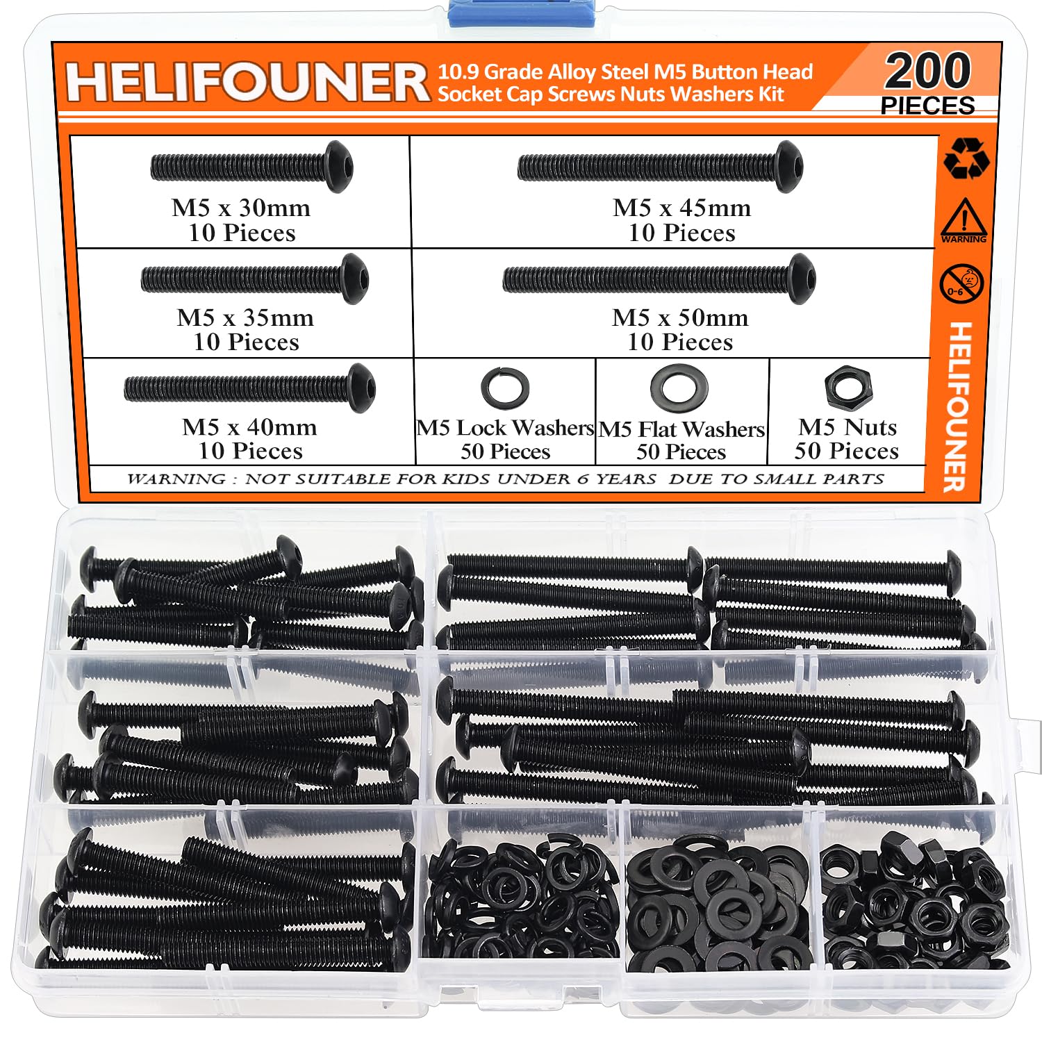 HELIFOUNER 200 Pieces M5 x 30mm /35mm /40mm /45mm /50mm, Button Head Socket Cap Metric Screws Bolts Washers Nuts Kit, 10.9 Grade Alloy Steel, Fully