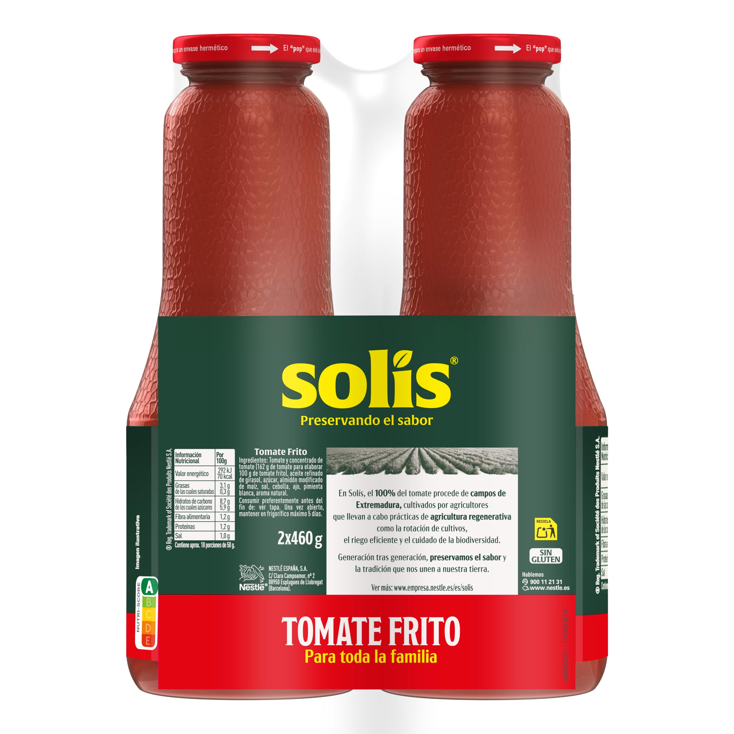 SOLÍS Tomate Frito Clásico Bipack Frasco Cristal - Sin Gluten - 2 x 460g