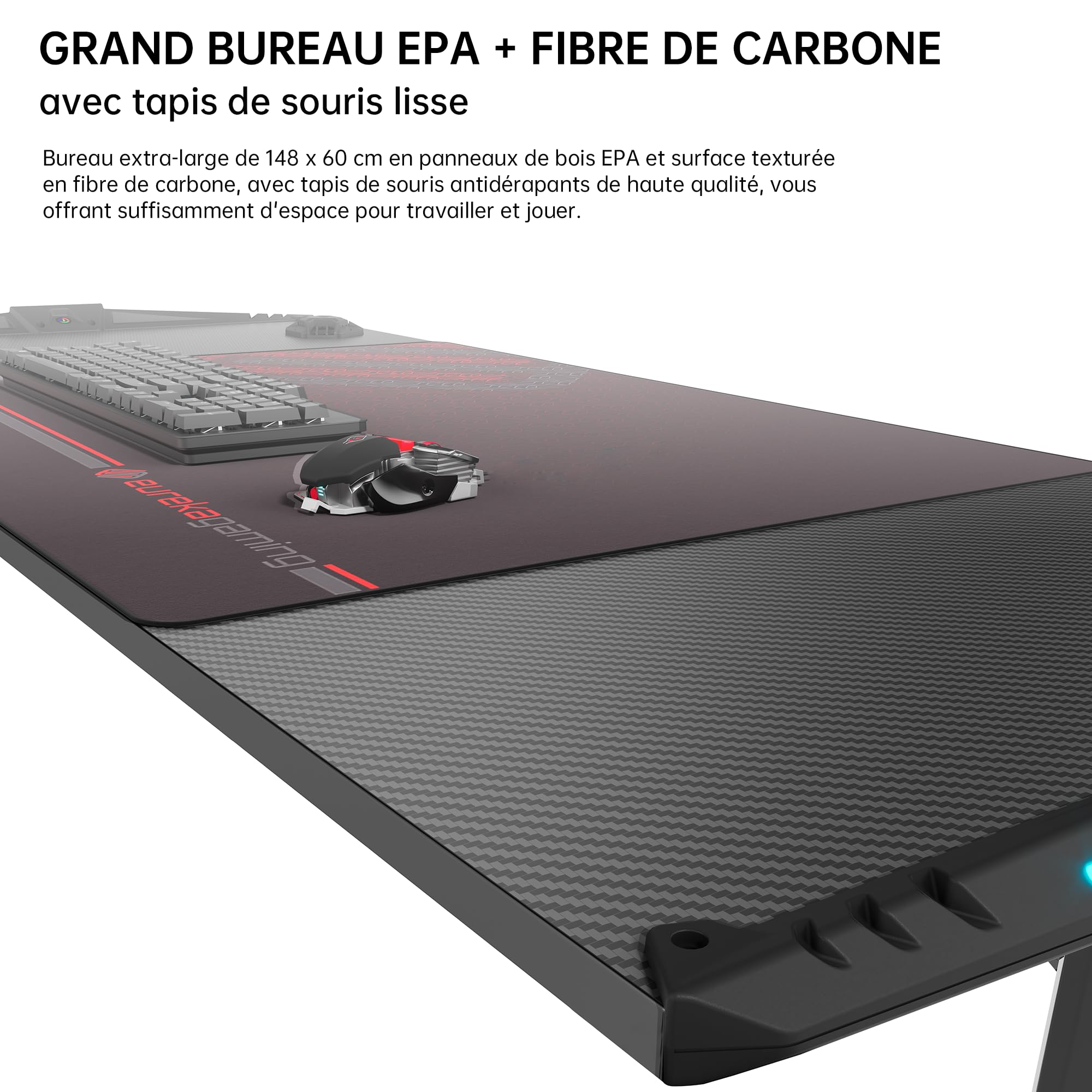 EUREKA ERGONOMIC Bureau Gaming LED Bureau Gamer 140x60 cm Bureau Informatique pour Gaming PC avec Lumière RGB, Gratuit Tapis Souris, Porte Gobelet, Crochet Casque