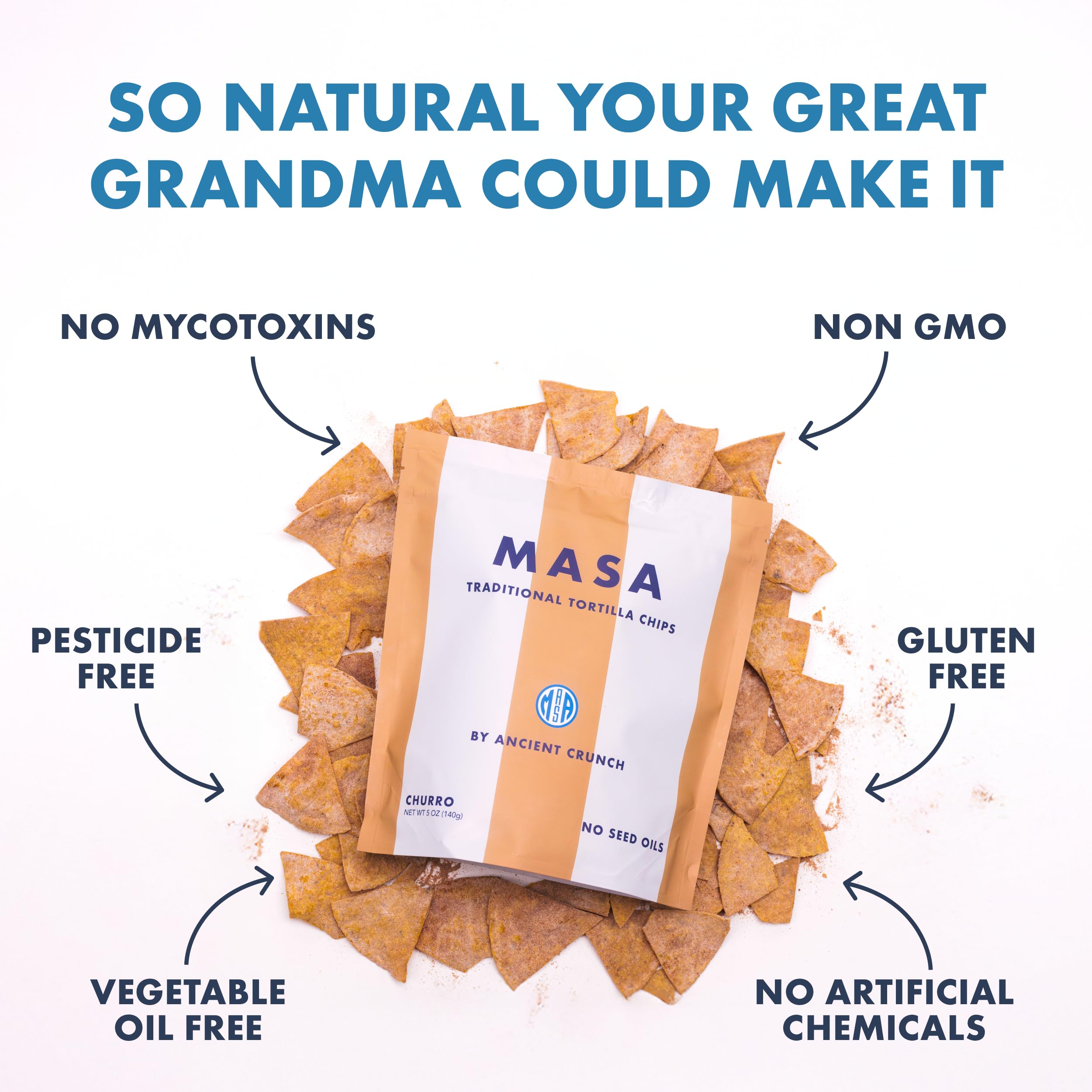 MASA Tortilla Chips Snack Pack - Seed Oil Free Snacks, Organic Chips Tortilla - Gluten & Dairy Free, Naturally Grown Corn Chip - Made with Grass Fed Tallow & Sea Salt (2 Pack, 5oz Each - Churro)