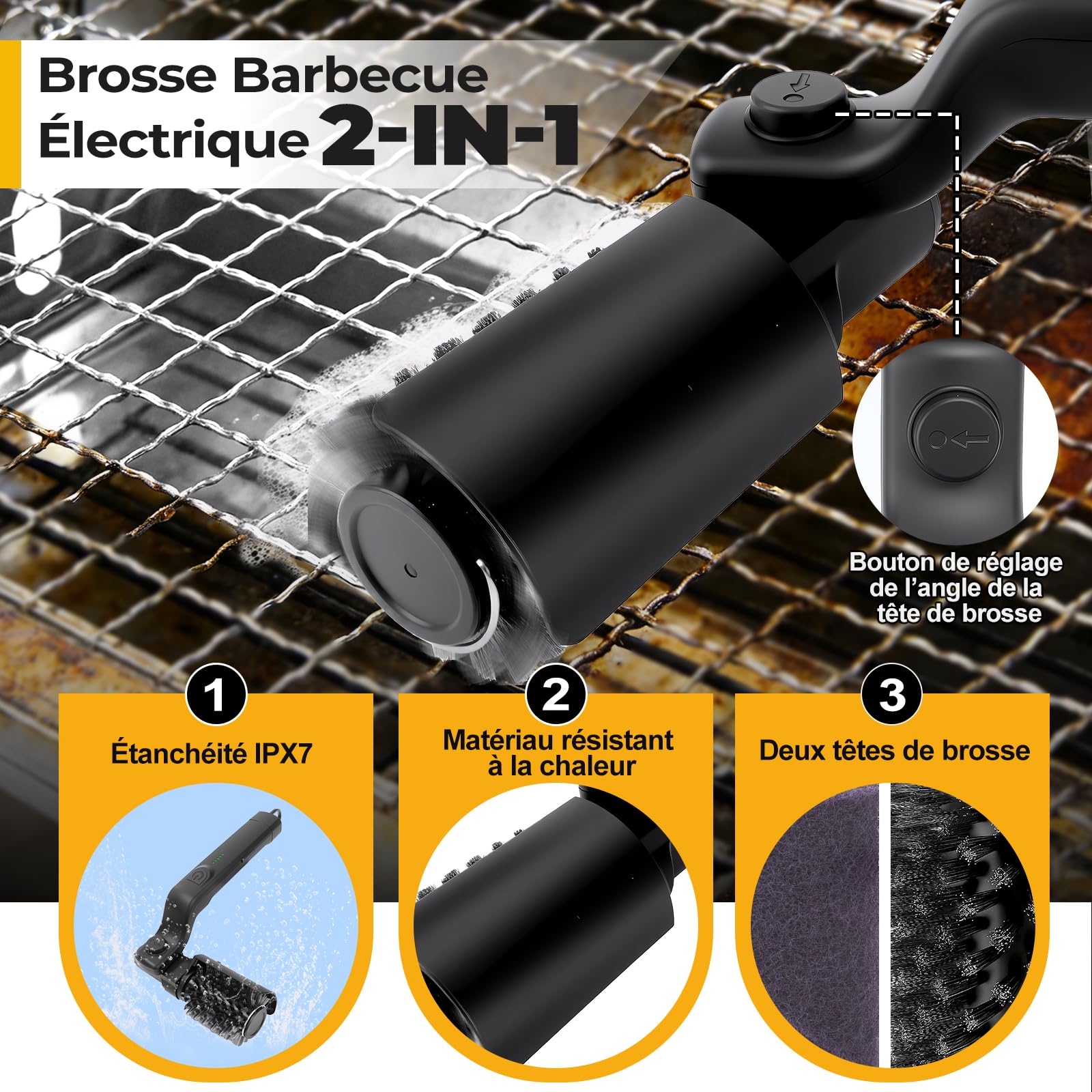 Brosse Barbecue Électrique 2-en-1, Brosse ÉLectrique avec 3 Niveaux de Nettoyage/Rotation à 360° / 400 TR/Min, Rechargeable avec Têtes De Brosse Interchangeables pour Tous Les Barbecues