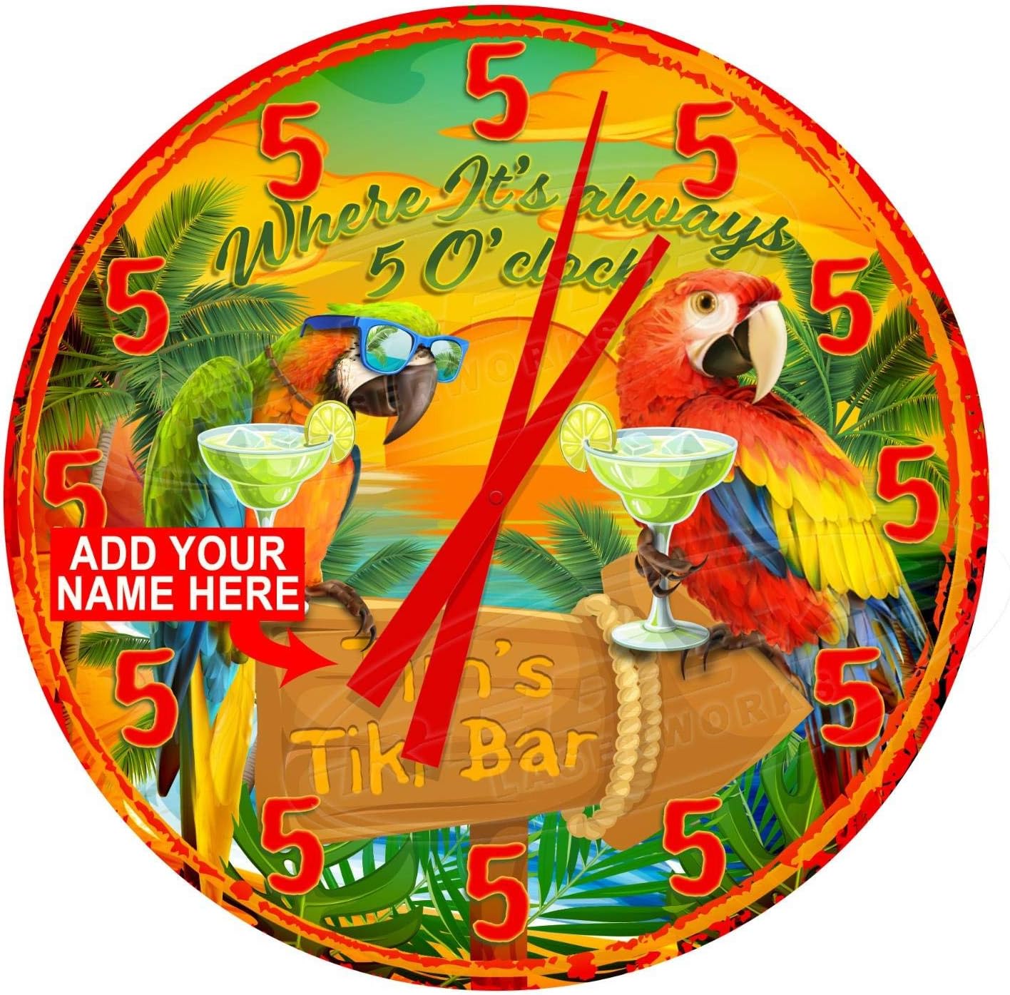 Tiki Bar Always 5 O'clock 12" Diameter Aluminum Metal Round Wall Clock