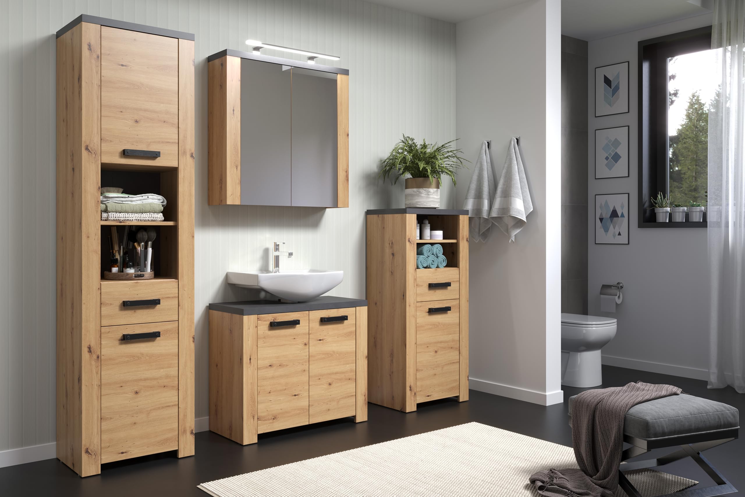 trendteam smart living - Follow - Waschbeckenunterschrank - Artisan Eiche/Matera - Waschtisch mit 2 Türen und 1 Einlegeboden - (BxHxT) 79 x 67 x 35 cm - moderne, schwarze Griffe - kratzfest