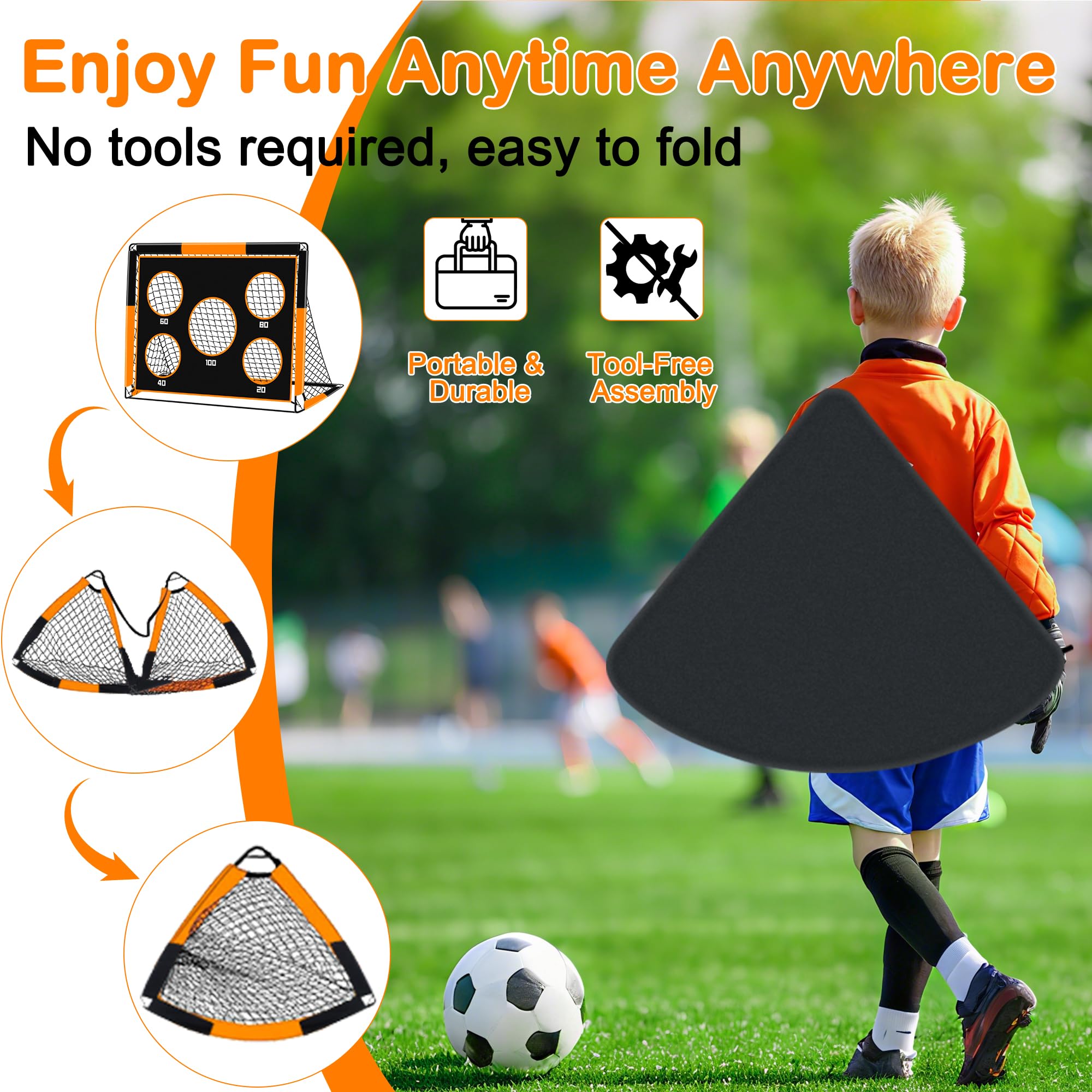 Gofady Porta da Calcio per Bambini, 2 in 1, Porte da Calcio Pop Up con 5 Sparare e Borsa per il Trasporto, Rete da Calcio per Giardino Interni ed Esterni(1.2M/1.5M)