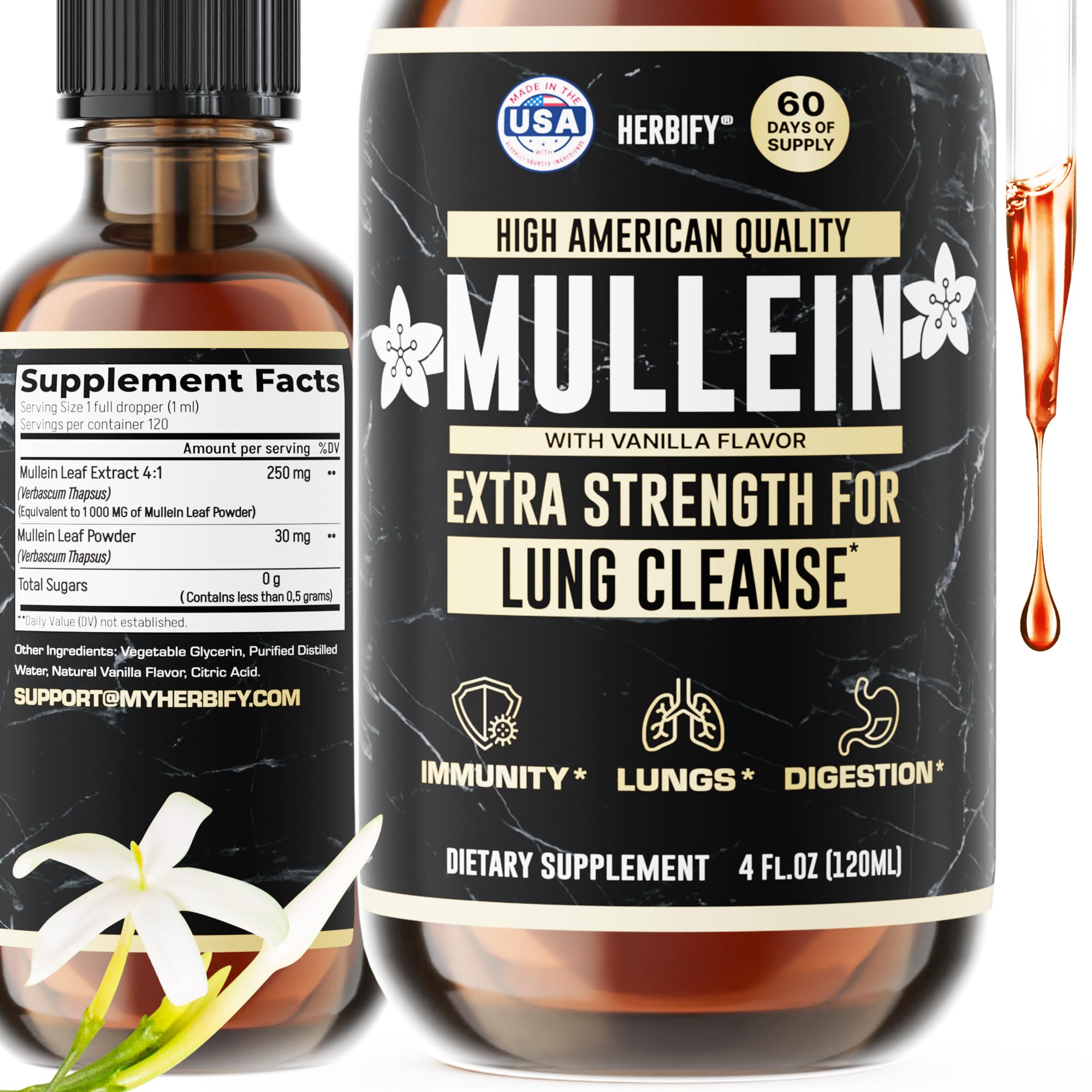 HERBIFY Mullein Drops - Lung Cleanse - Leaf Extract - Powerful Mullein for Immune Support, Detox &amp; Respiratory Support - Made in USA - 4 Oz Vanilla Flavor