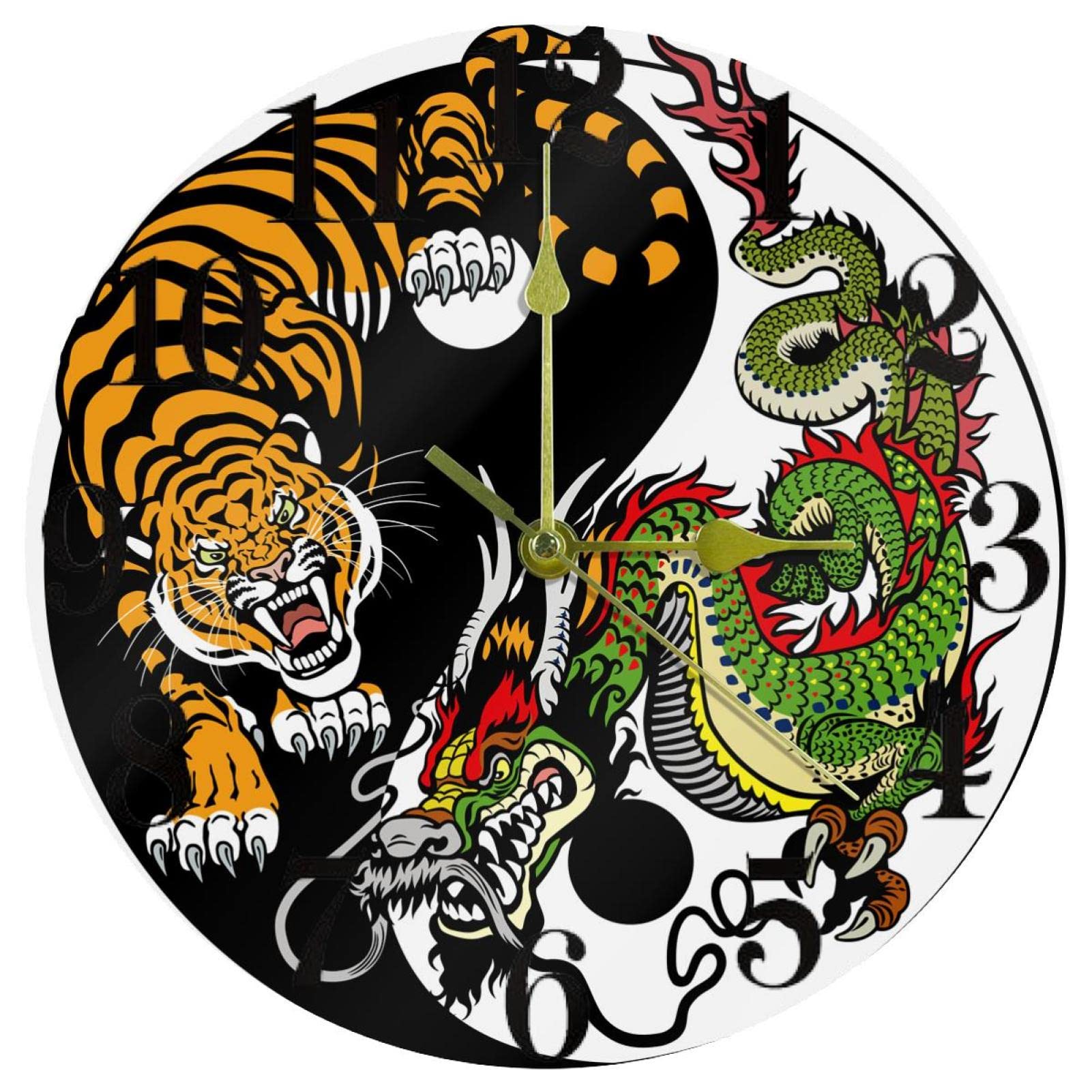 Horloge murale Dragon et Tigre 25,4 cm silencieuse à quartz pour salon et cuisine