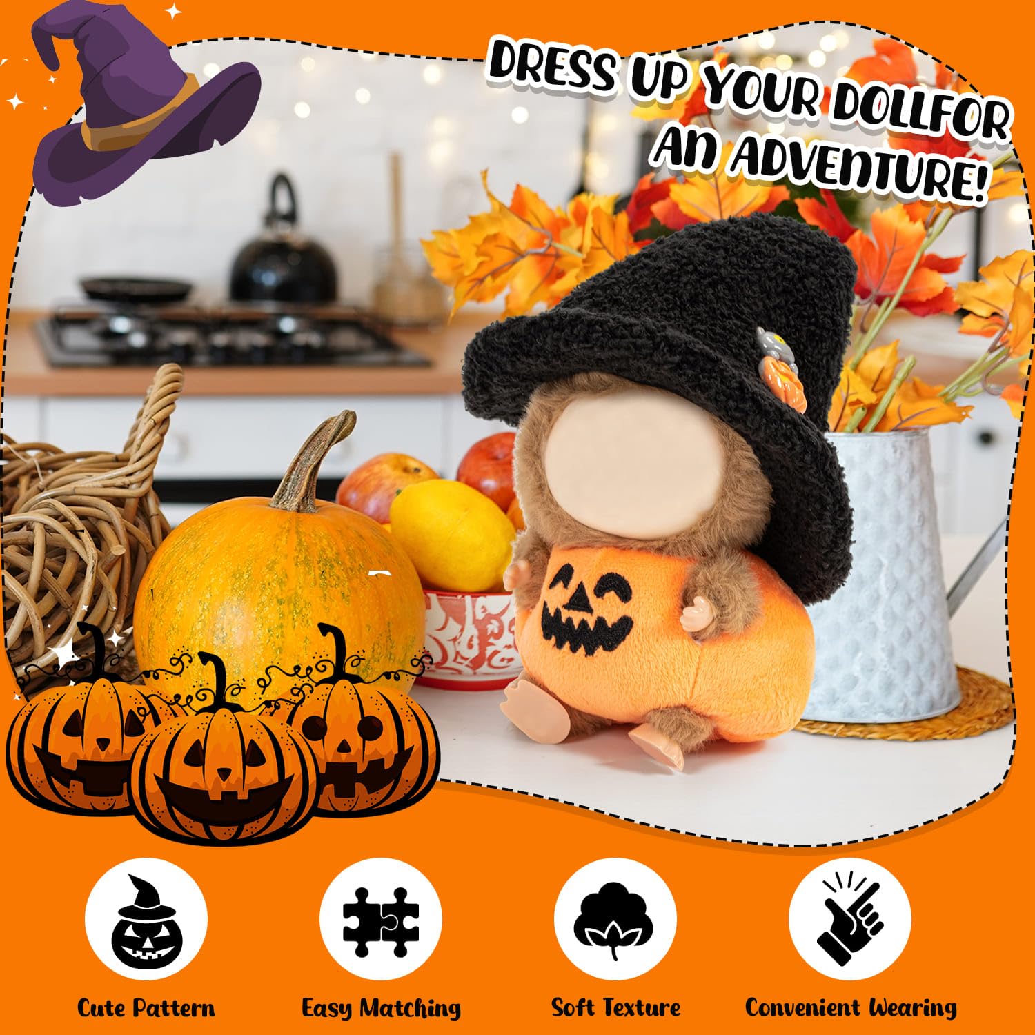 Ensemble Vêtements Halloween Pour Poupée 18 Pouces – Robe Citrouille, Cape, Chapeau Sorcière, Sac, Pinces