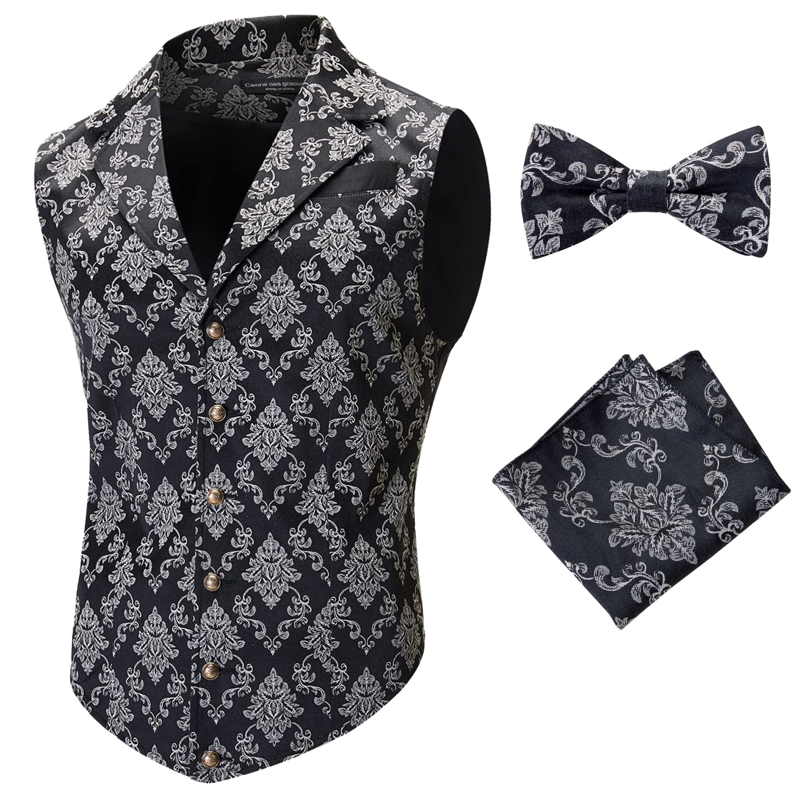 Cenne Des GraoomMens Suit Vest Paisley Floral Victorian Vests Steampunk Gothic Waistcoat & bow tie Pocket Square