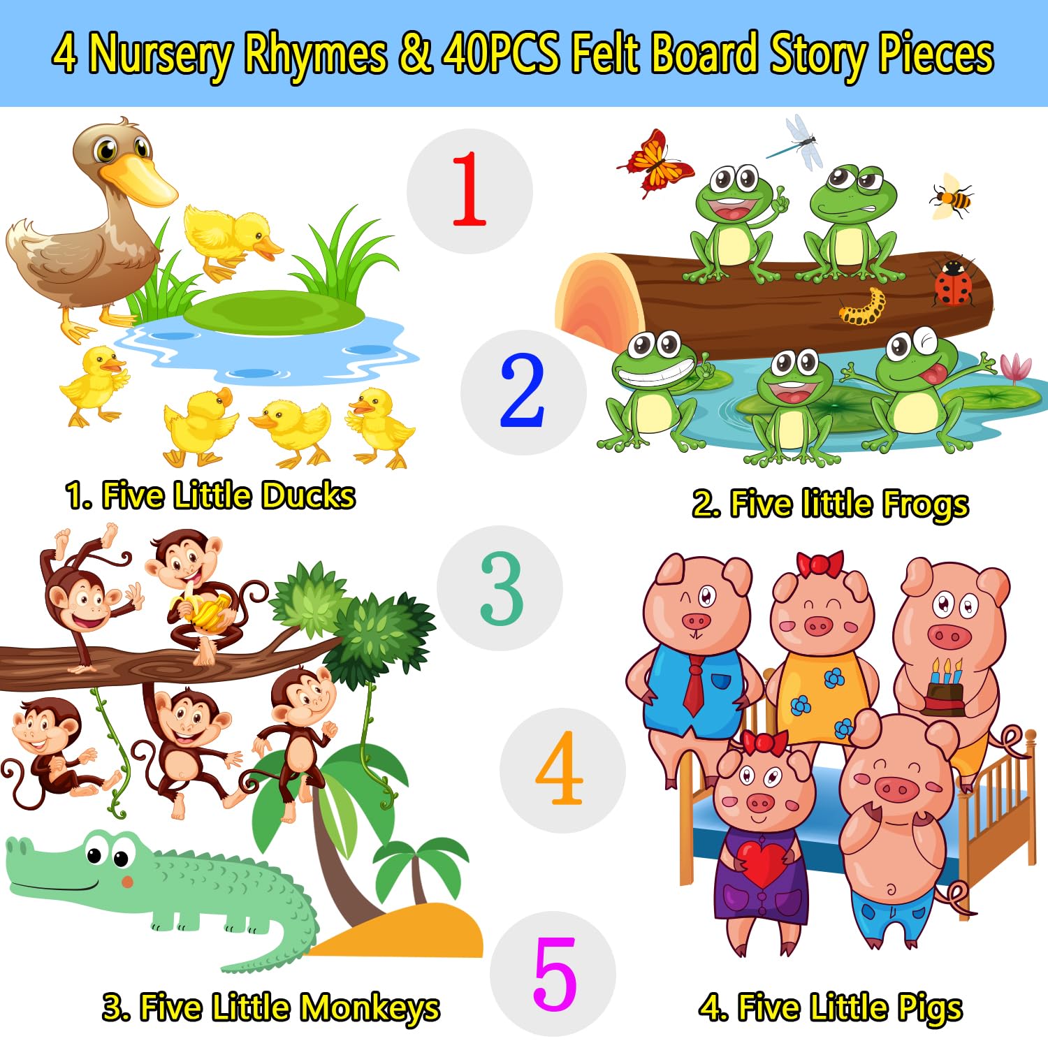 Felt Flannel Board Story Set of 4 for Toddlers, Felt Flannel Story Board Pieces with Felt Flannel Board for Classroom Preschool Felt Board Activity, Felt Book Flannel Board Story for Preschoolers