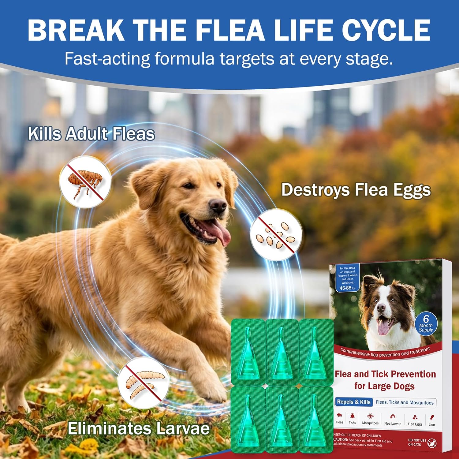 Flea and Tick Prevention for Medium Dogs Up to 45-88 lbs - 6-Month Supply Dog Flea and Tick Treatment Drops – Topical Waterproof Fast-Acting & Long - for Puppies 8 Weeks or Older Supplement