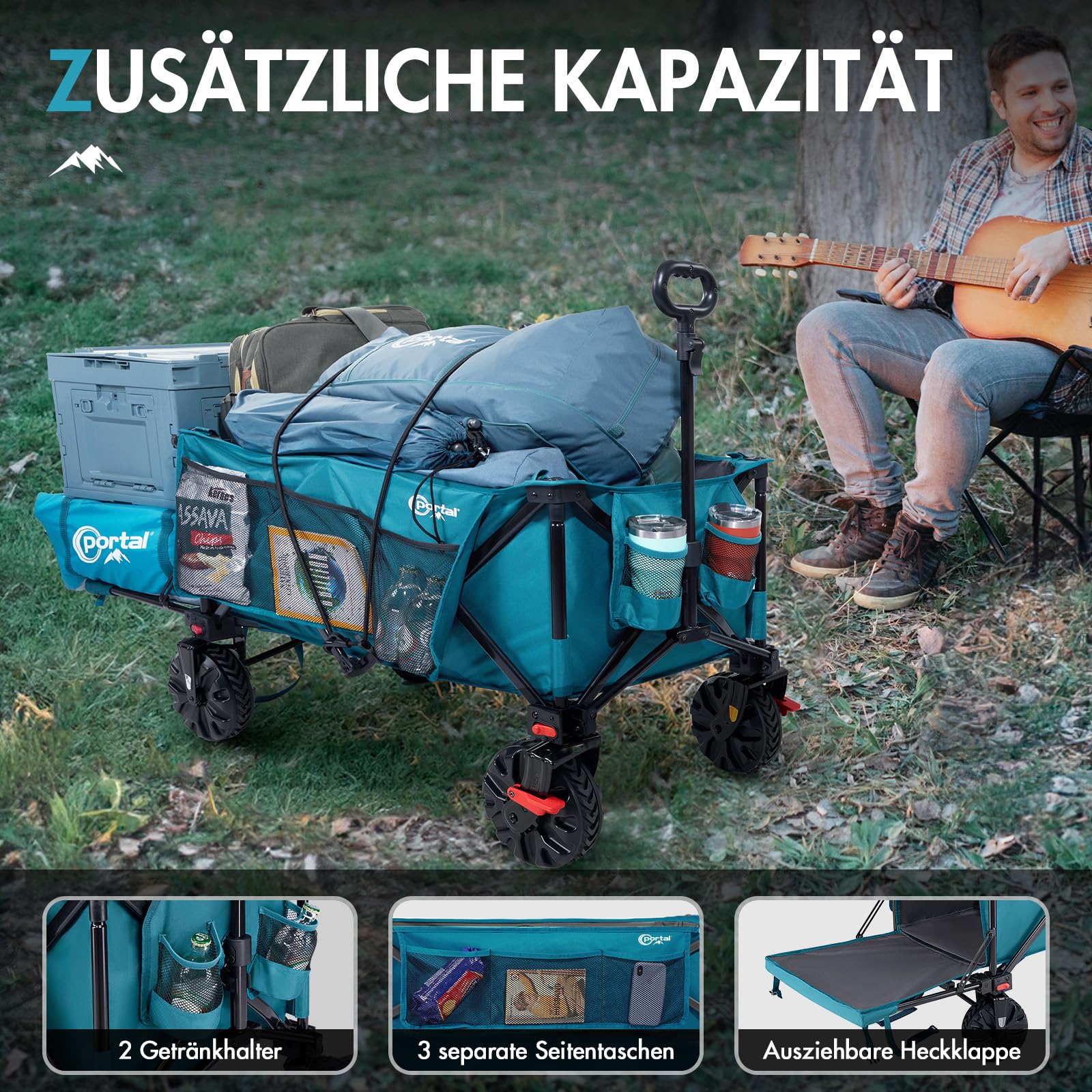 PORTAL Bollerwagen faltbar XXXL 300L größe Reifen 17x10cm mit Bremse Getränkehalter Seitentasche Faltwagen klappbarer Transportwagen für Alle Gelände Camping Strand Einkaufen