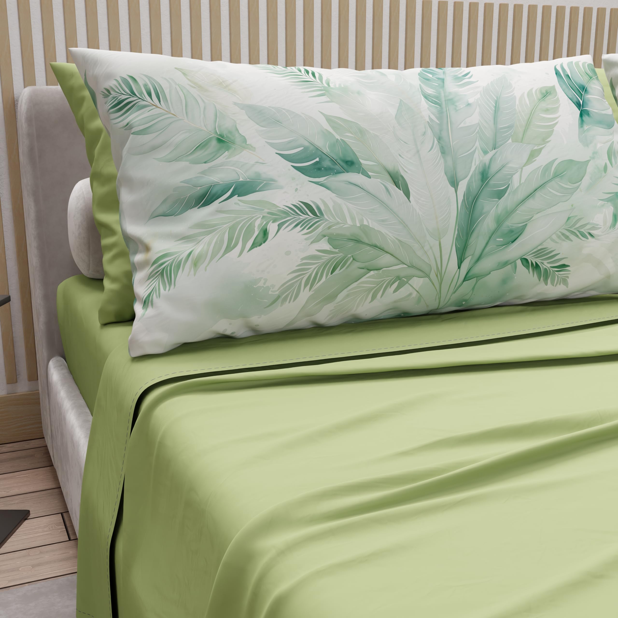 PETTI Artigiani Italiani - Double Bed Sheets Cotton with Pillowcases in Digital Print, Double Bed Sheet with Palm Sage Design, 100% Made in Italy