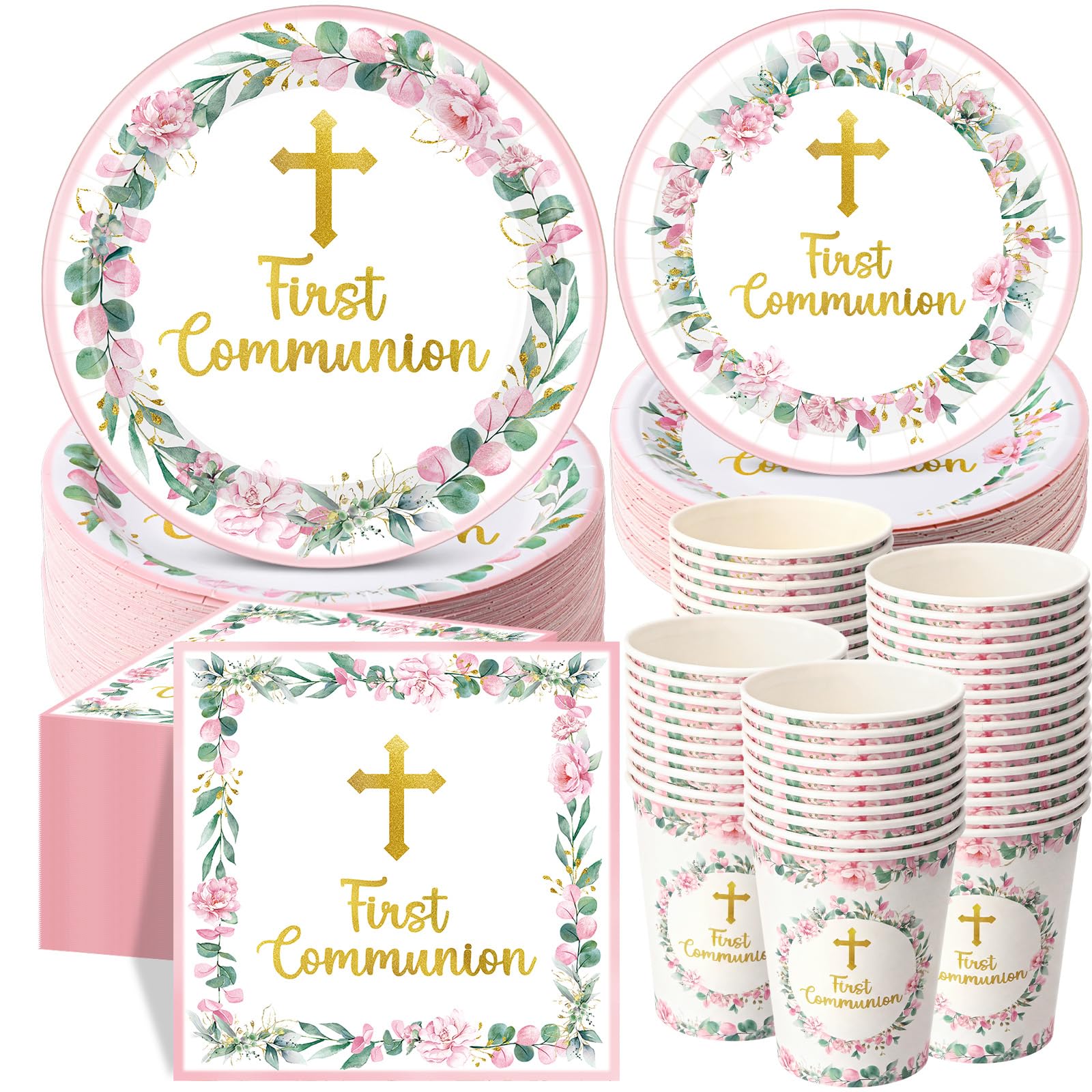 Photo 1 of ***MISSING PIECES*** Pickmesh 250 Pcs Pink First Holy Communion Disposable Tableware Set God Bless Baptism Disposable Paper Plates Napkins and Cups for Girls Christening Celebration Baby Shower Religious Supplies Serve 50