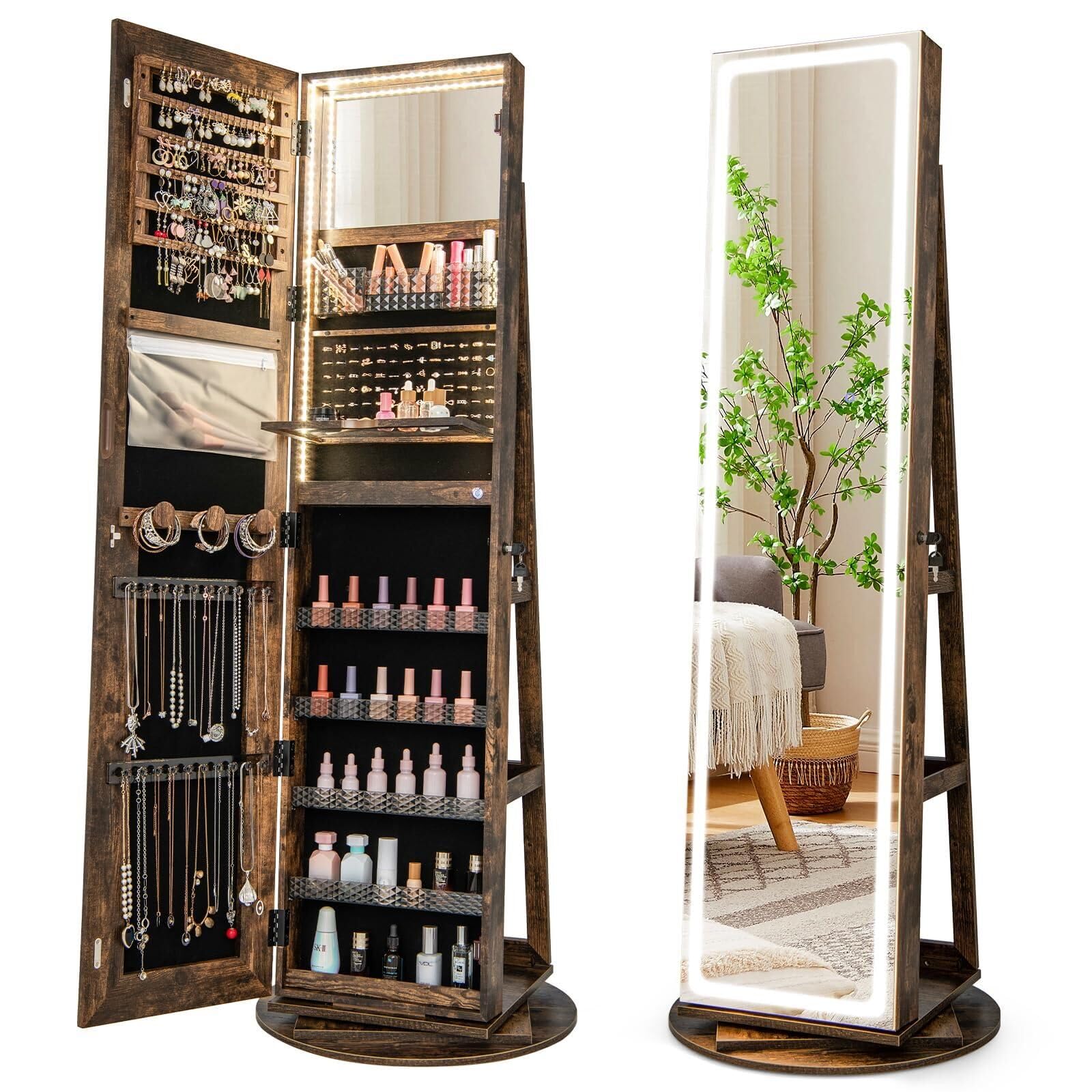 RELAX4LIFE Schmuckschrank, Schmuck Spiegelschrank stehend, Standspiegel mit LED-Lichtern, mit Ganzkörperspiegel, 3 Ablagen, 360° drehbar, abschließbar, mit Schlüsseln(Kaffee)