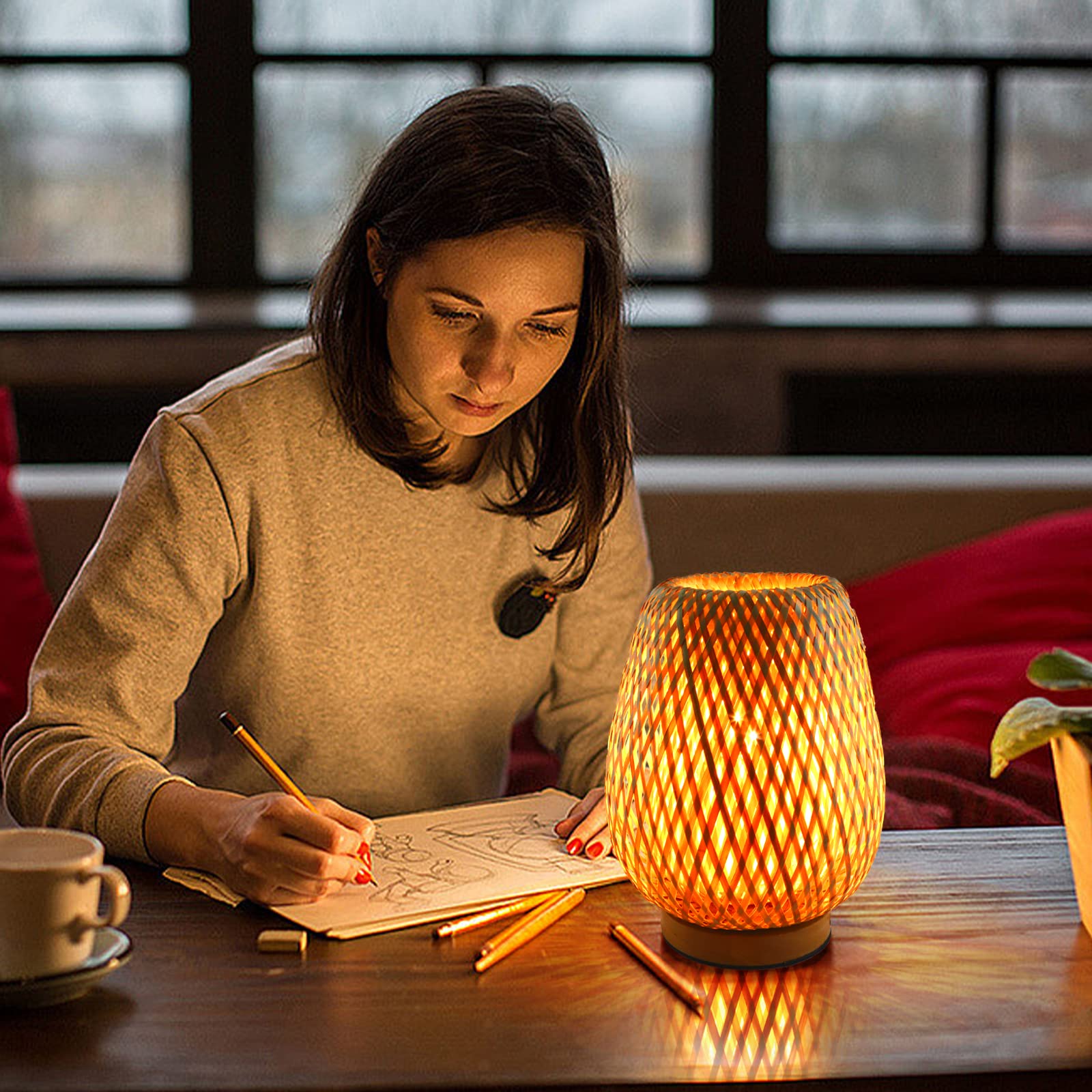 Boho bambusowa mała lampa stołowa wiklinowa tkana, lampy biurkowe do sypialni, nocna lampka do czytania, wystroju domu