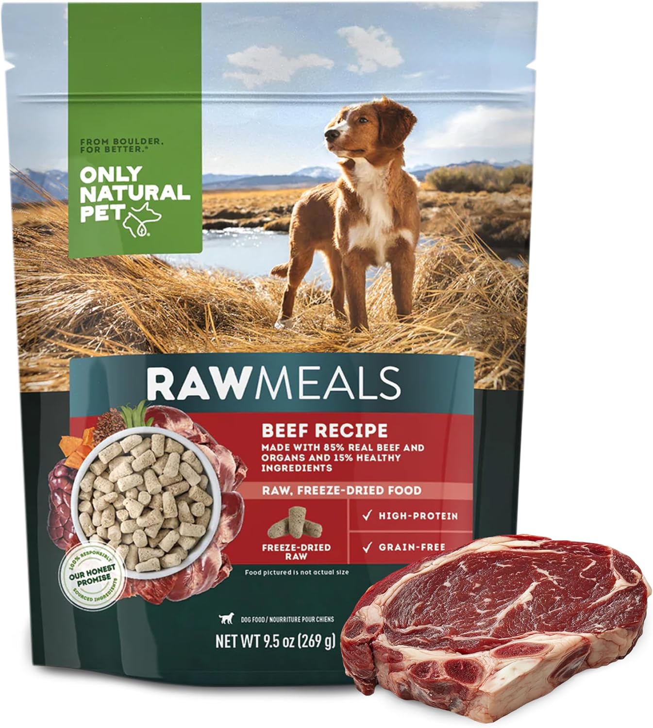 Only Natural Pet RawMeals Beef Recipe Freeze-Dried Dog Food - High-Protein, Grain-Free, with Organ Meat, Fruits & Veggies - Complete Meal, Topper or Treat for All Breeds & Picky Eaters - 25 oz