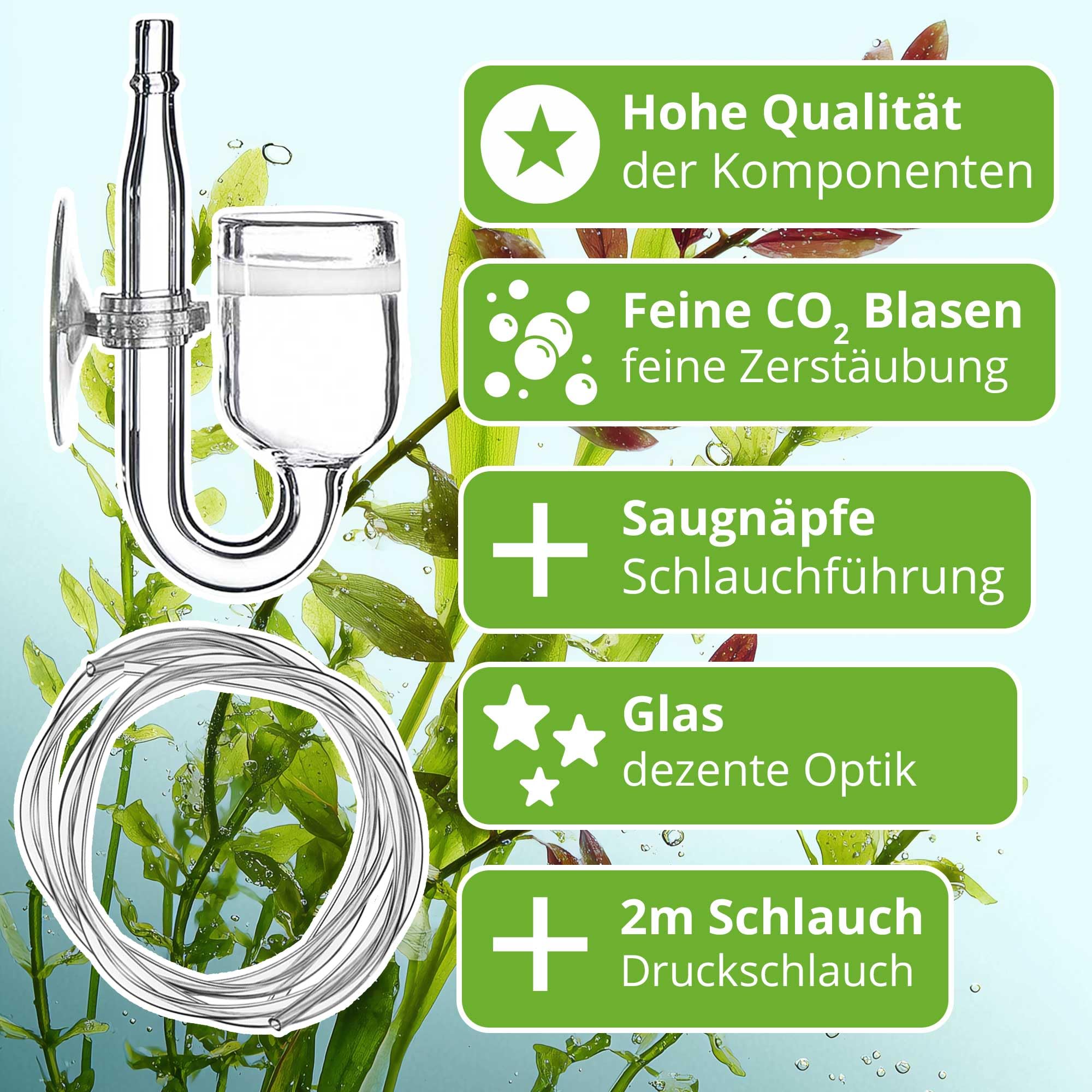 CO2 Anlage Aquarium Sodaflaschen Komplettset - Inkl. Nano-Diffusor, Dauertest, Druckminderer, 2m Schlauch - Profi