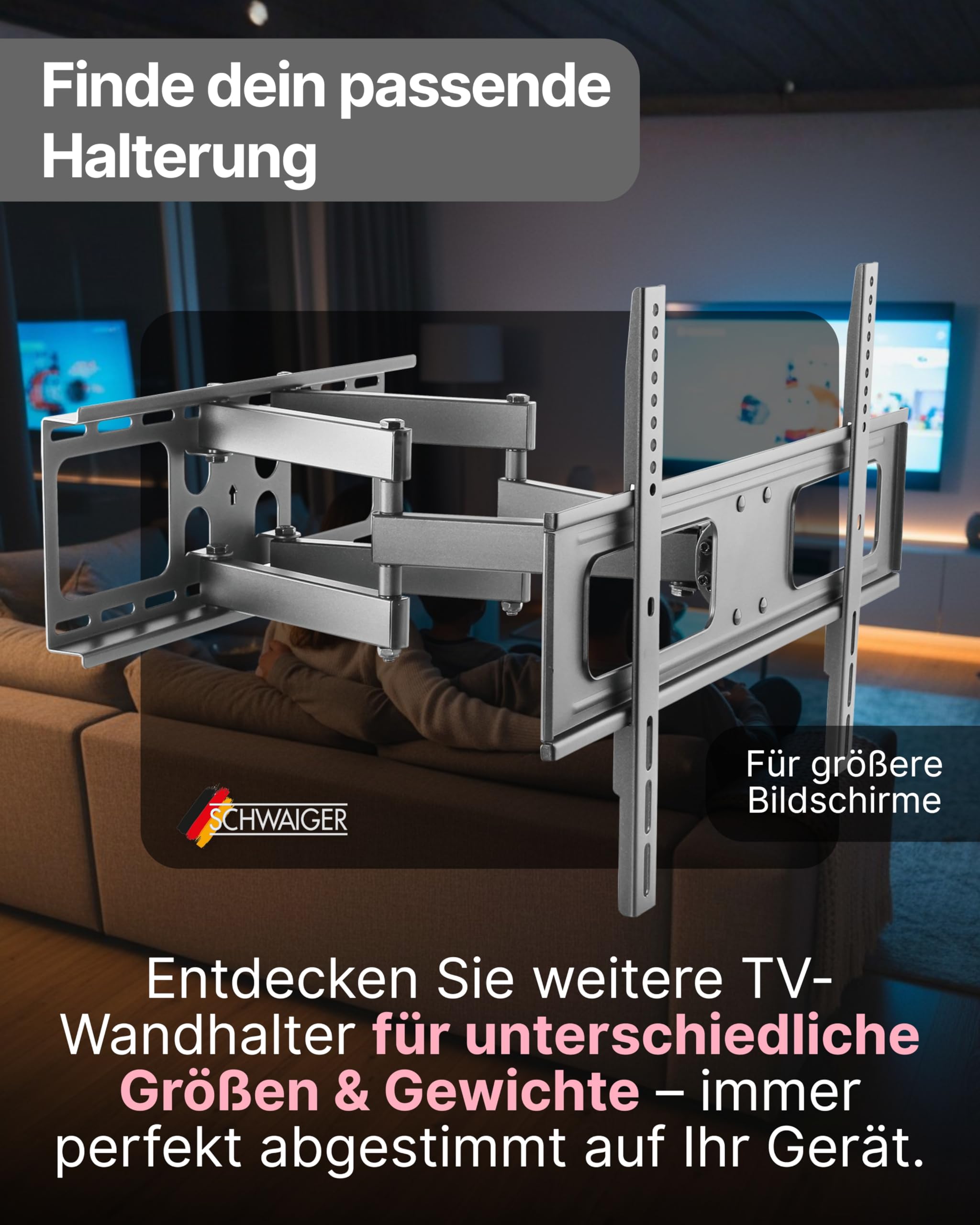 SCHWAIGER TV-Wandhalter Full Motion 1 I 23-55 Zoll Fernseherhalterung I neigbar, schwenkbar, drehbar & höhenverstellbar I Montageset für Flachbildschirme I TV-Halterung mit integrierter Kabelführung