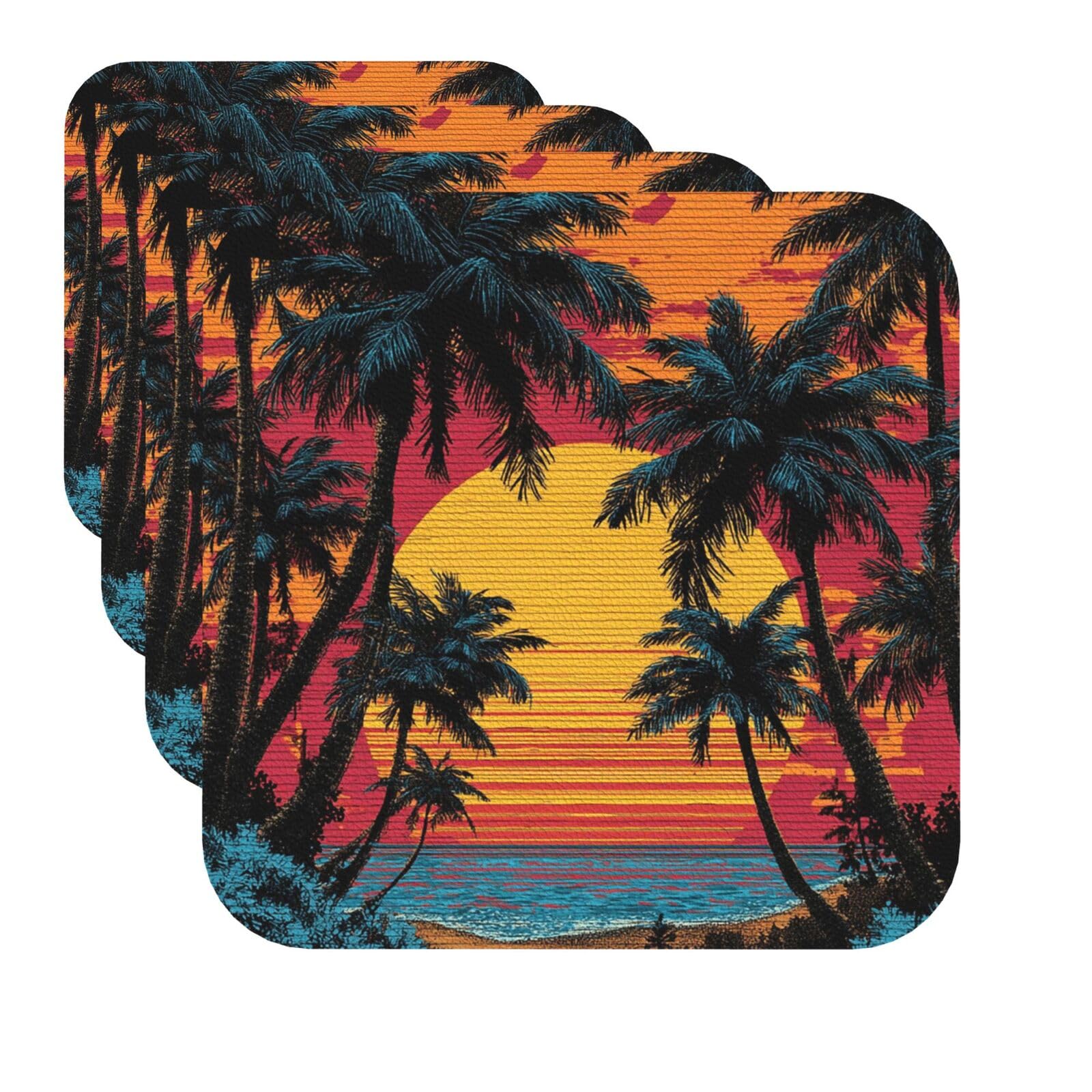 Drink Coasters Set of 4 Quick-Dry Leather Coaster Tropical Beach Palm Tree Sunset Coasters for Drinks Coffee Cup Mat Tabletop Protection Heat Resistant Coaster for Kitchen Bar Office Home Decor