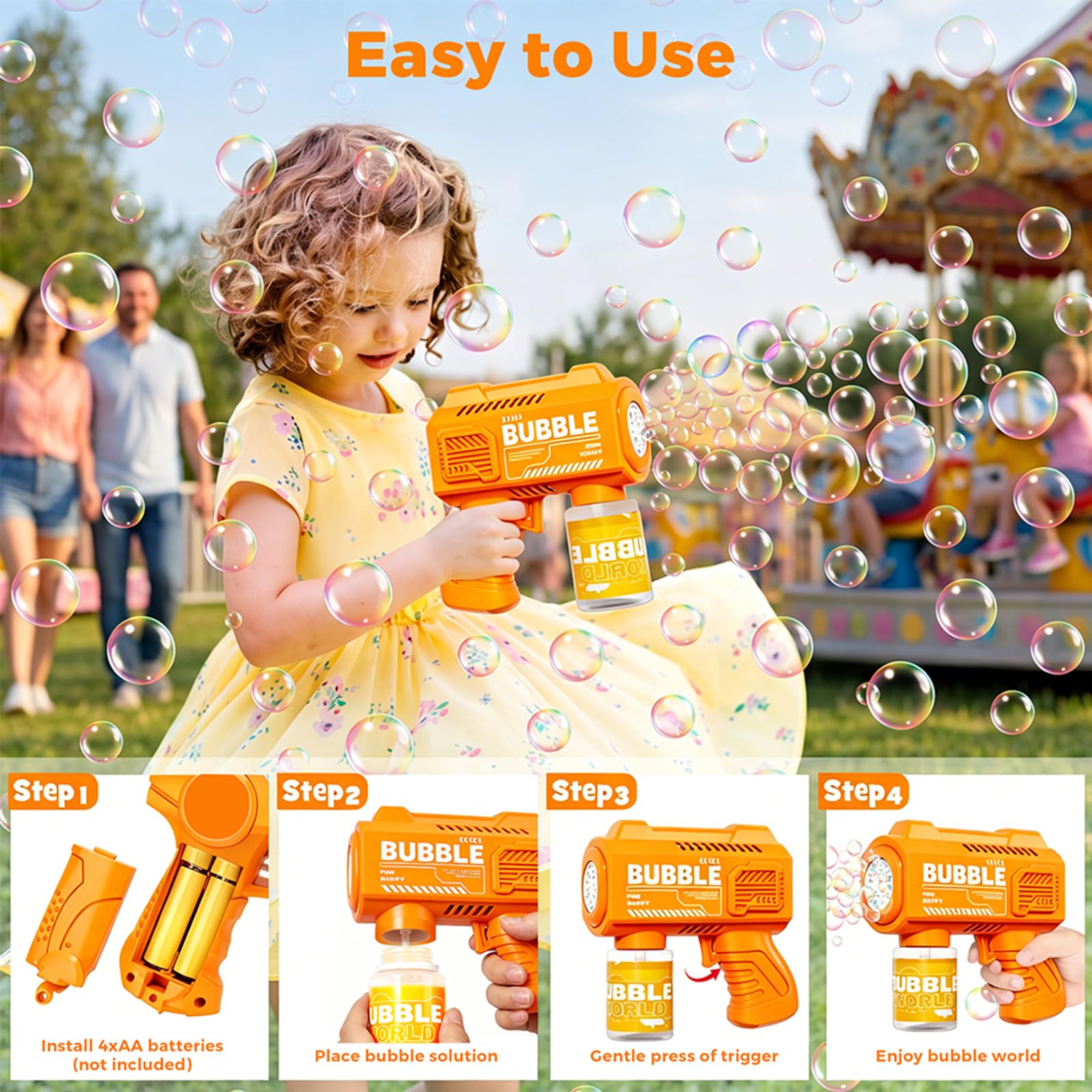 4PCS Pistolets à Bulles pour Enfants, Machine Bulles Automatique 5000+ Bulle par Minute avec Lumières/Solution(4 Flacons+10 Recharge),Souffleur de Bulles pour D'extérieur Cadeau Fête Mariage