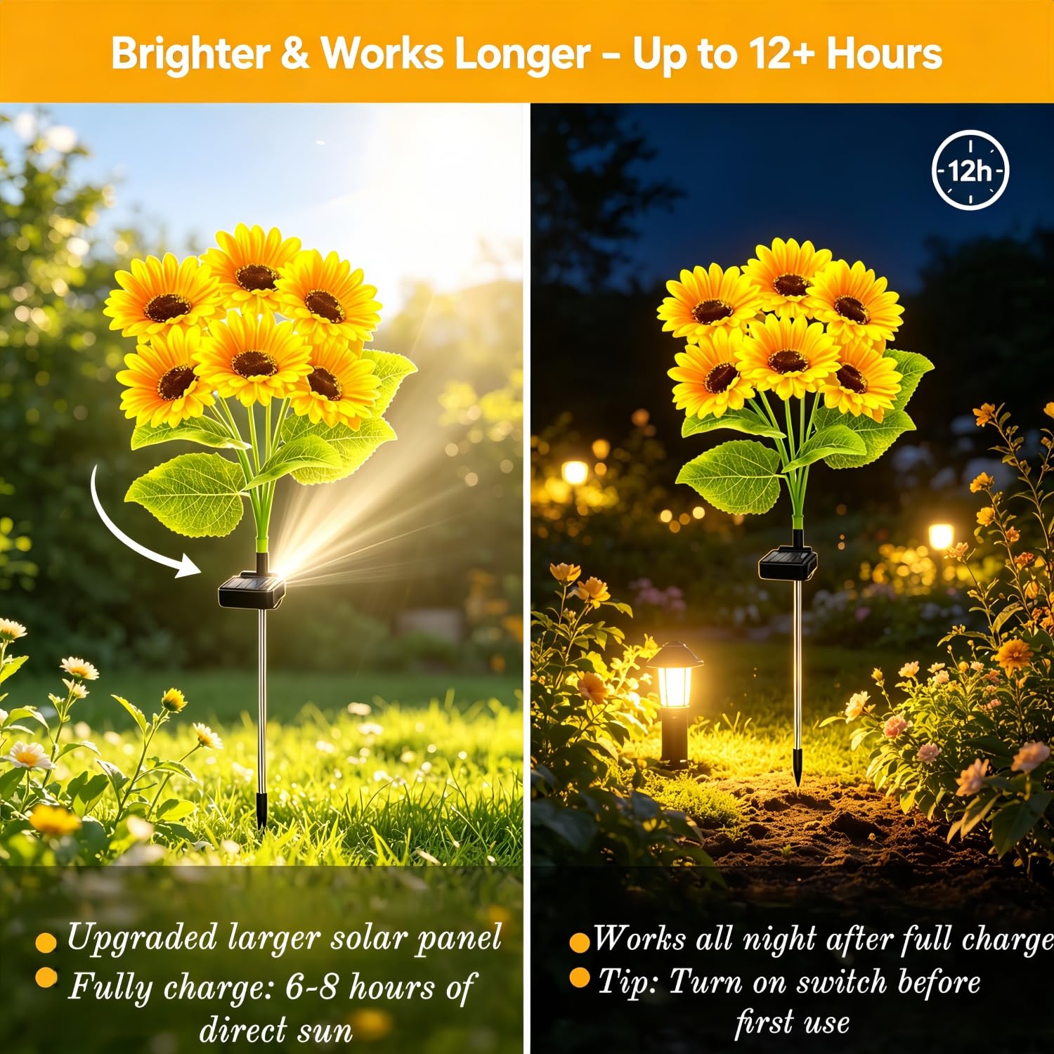 Luces solares para decoración de jardín al aire libre, paquete de 2 con 12 luces de girasol, luces solares de flores impermeables, regalos de cumpleaños para mamá, mujeres, abuela, estacas decorativas