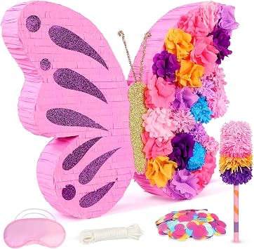 27 Butterfly Pinata, Pink Pinata Wingspan With Colorful Paper Flowers