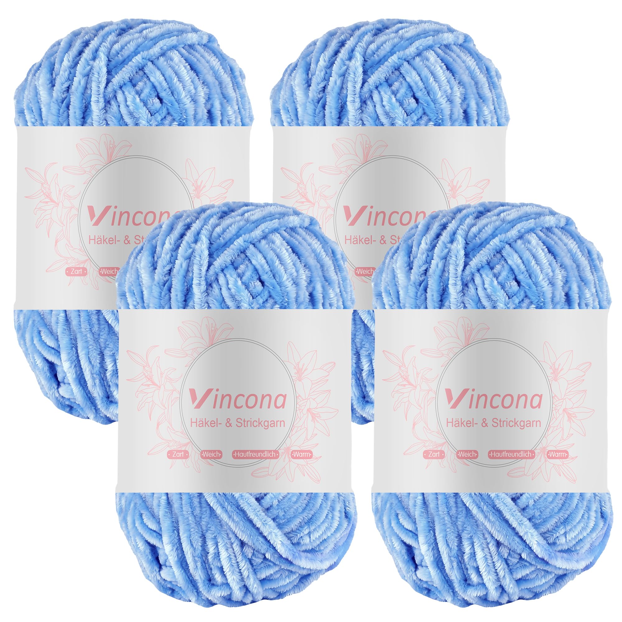 Vincona Chenille Yarn 4 x 100g Super Soft Chunky Yarn for Knitting and Crochet Yarn Clothes, Handbag, Shoes Hats Sweaters Blankets Scarves，DIY- Ideal for Beginners Adults Light Blue