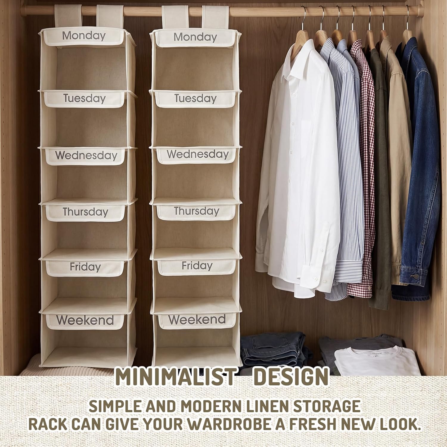 Sintuff 2 Pcs Heavy Duty 6 Shelf Weekly Hanging Closet Organizer for Kids Days of Week Clothing Organization Labeled Monday to Friday Clothes Divider for Weekday Weekend School Outfits