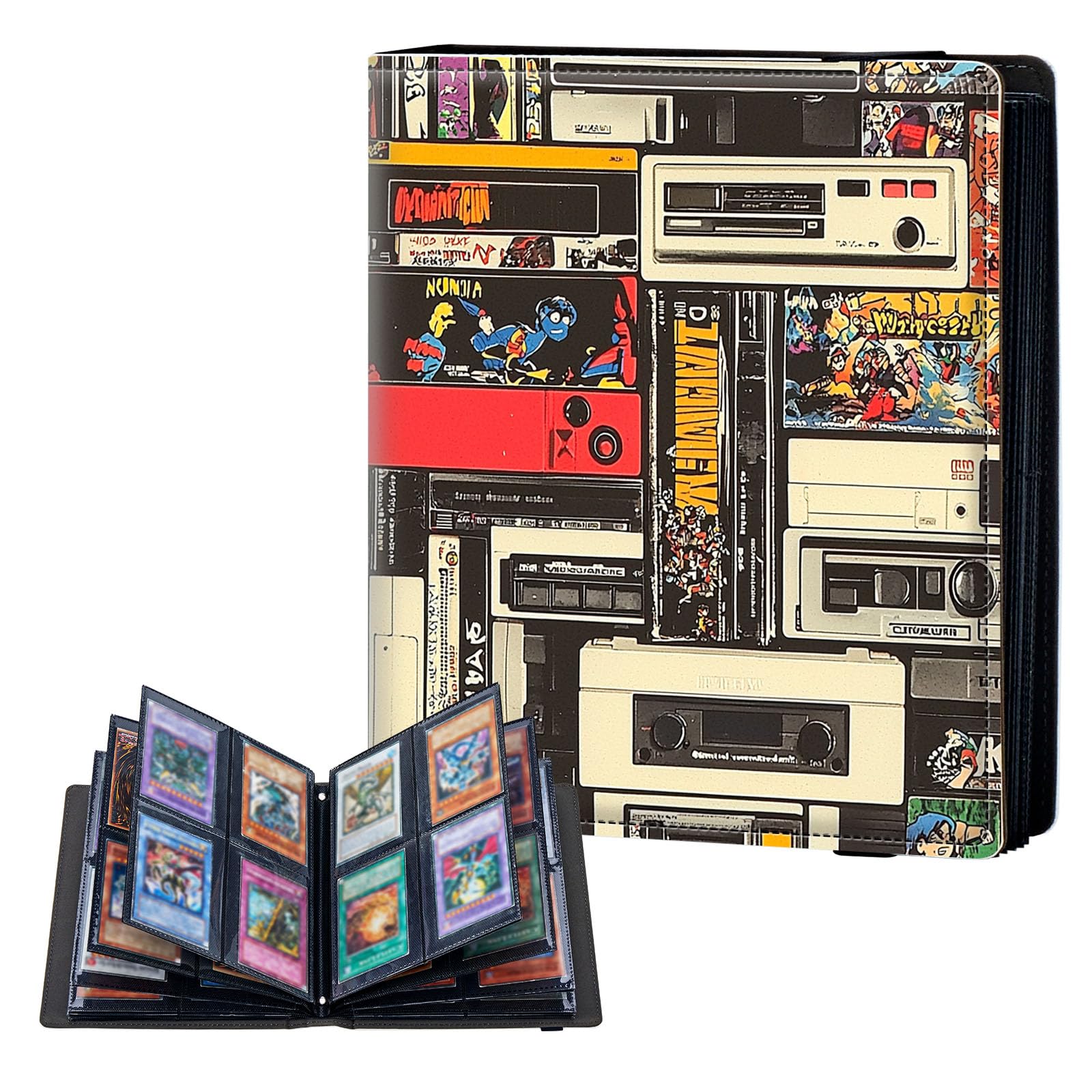 ETLKJVBL 4 Pocket Trading Card Binder, Card Collection Binder for TCG, MTG, Sports Cards, Baseball, Retro Cassette Tape Trading Card Book Holder for Collectors, Top Loader Binder